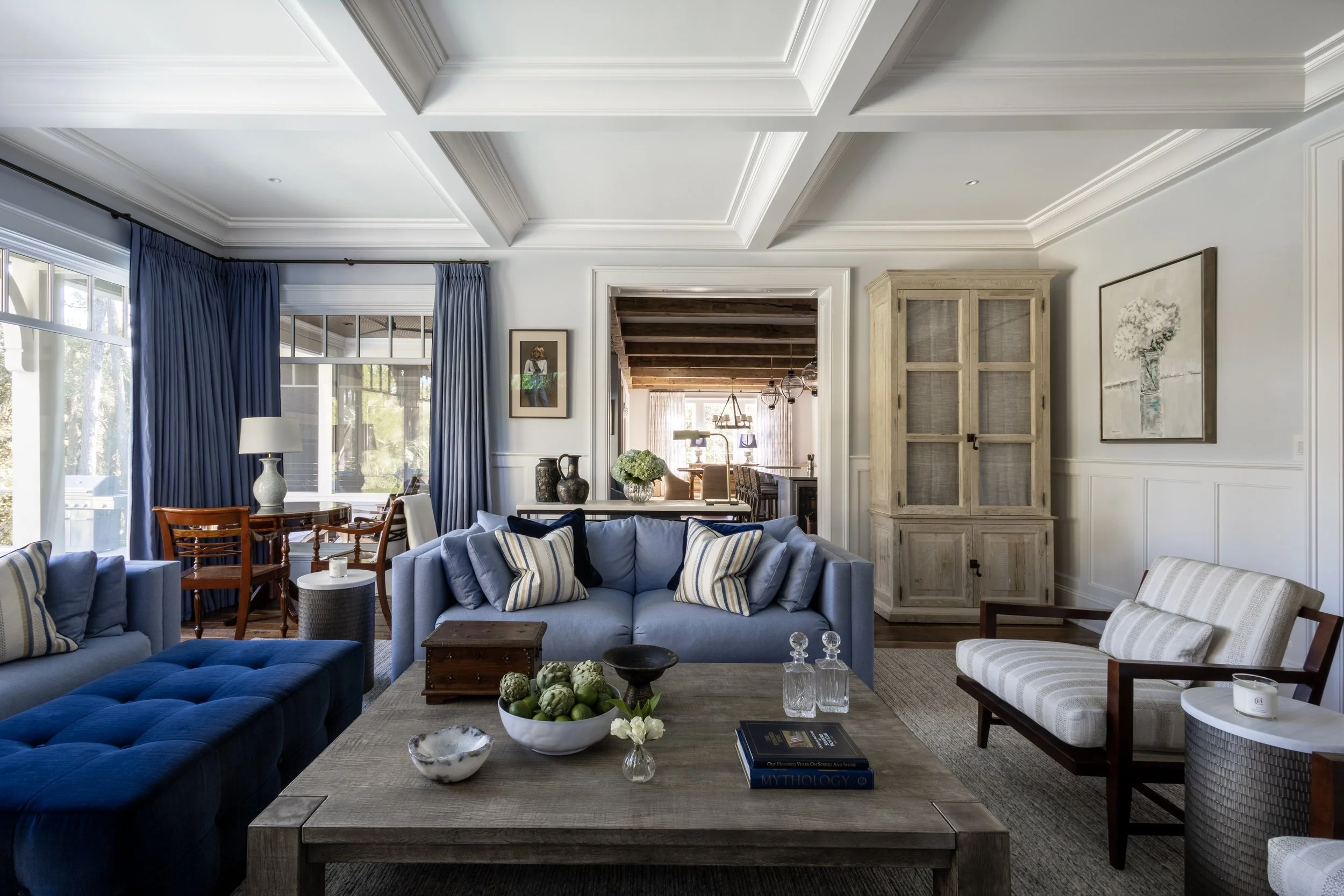 Blue living room interior, Kiawah Island beach house