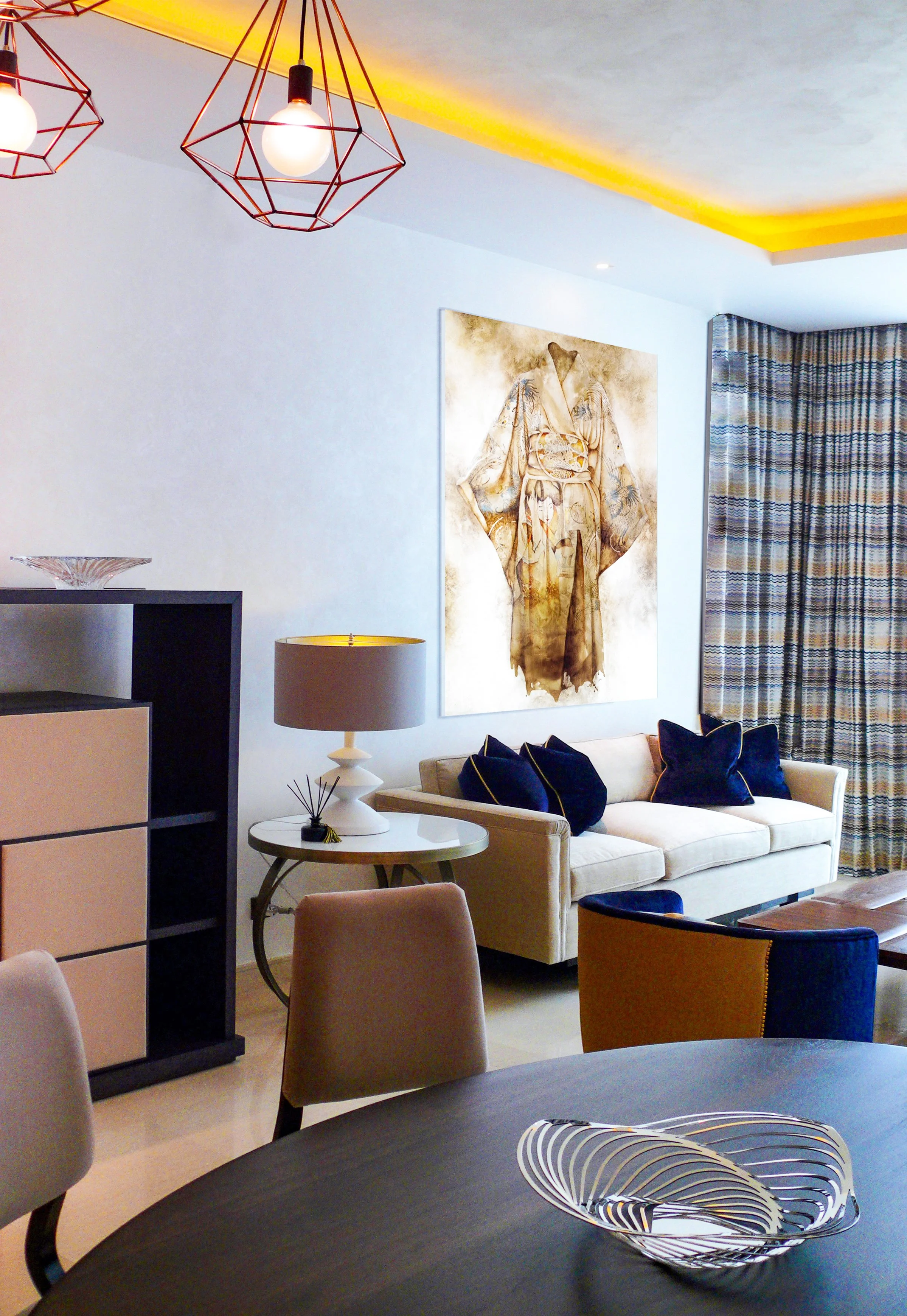 Sam Brown kimono artwork, living room Orchard apartment Singapore