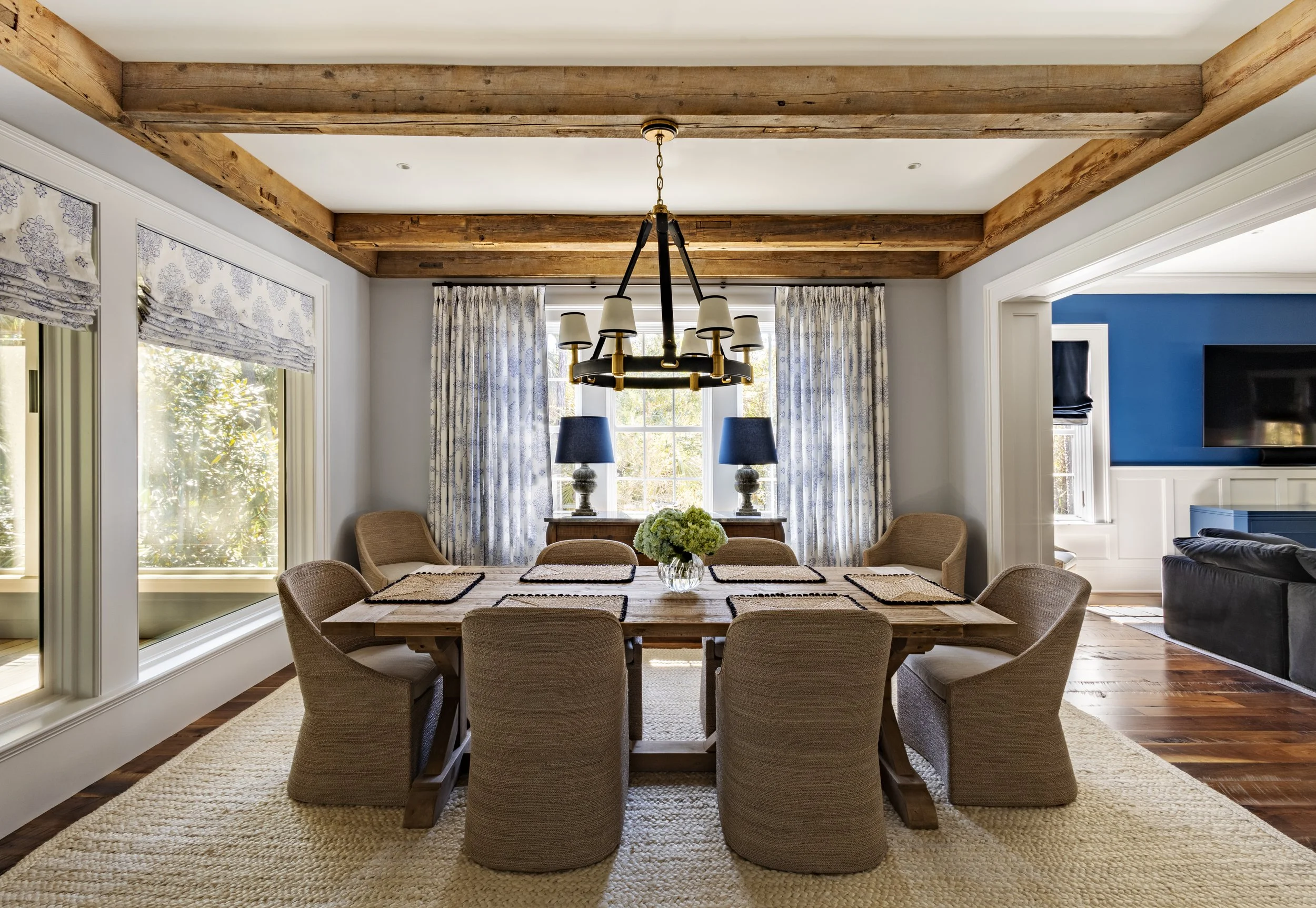 Parsons table and seagrass chairs, dining room Kiawah Island beach house