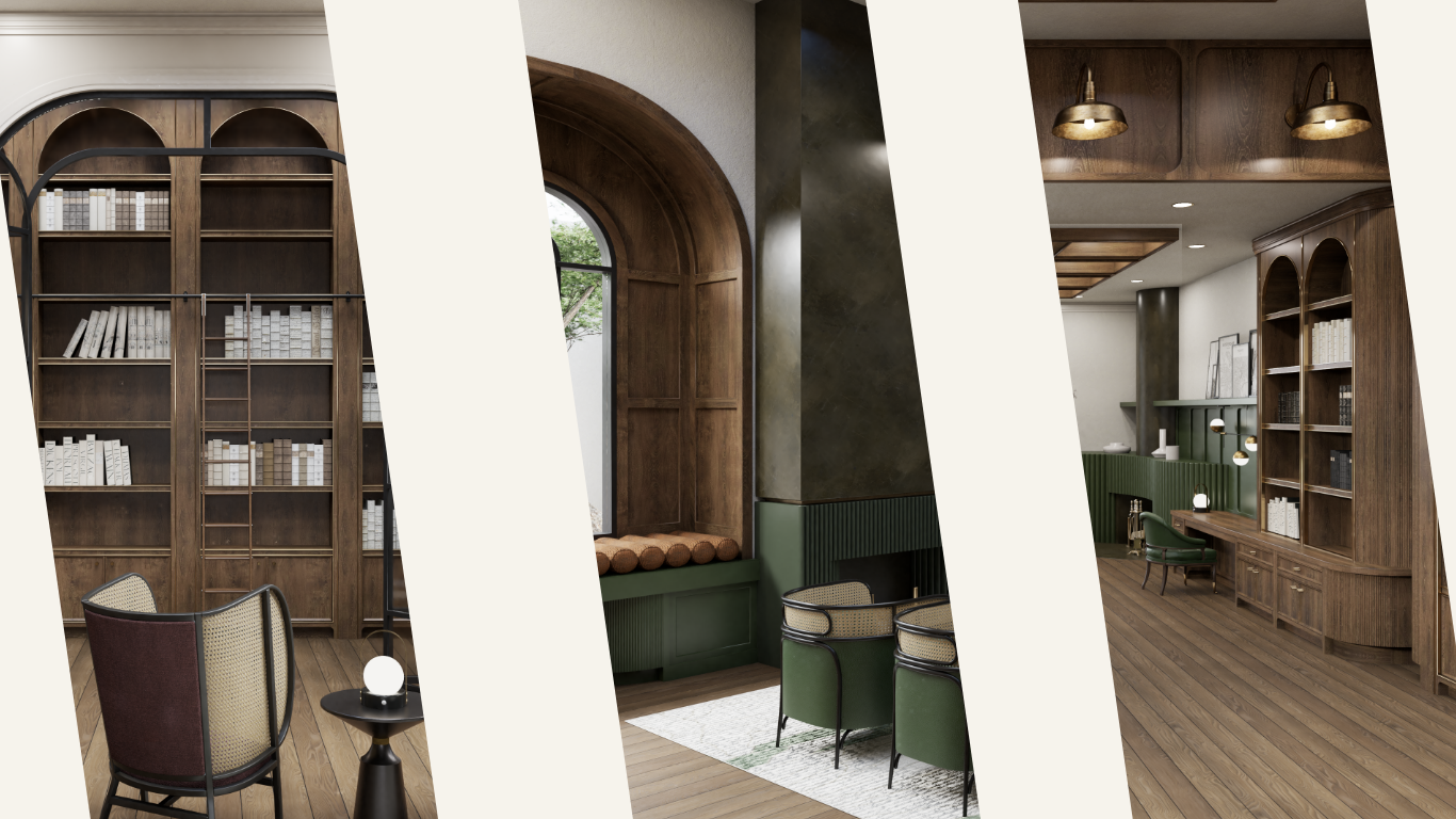 Three-panel collage of photoreal 3D interior renderings by Astratto Design: a walnut library wall, an arched fireplace nook, and a green built-in study.