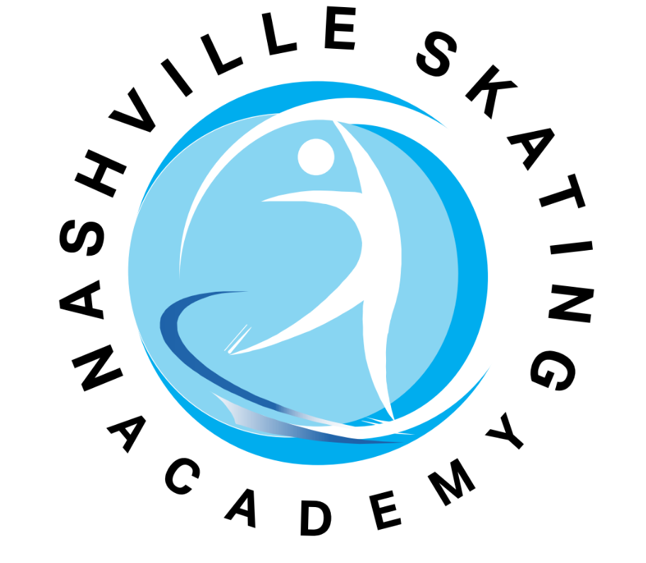Logo of the Nashville Skating Academy featuring a stylized figure skating in a circular emblem with blue shades and black text around it.