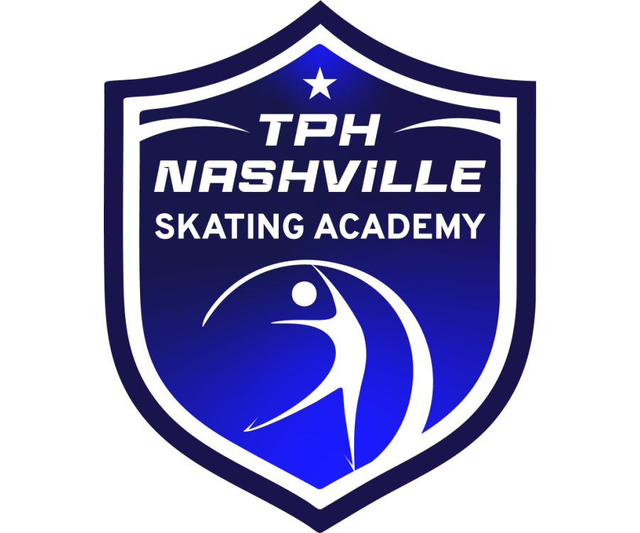 Shield-shaped logo for TPH Nashville Skating Academy, featuring a stylized figure skating dancer in white against a blue background with a star at the top.