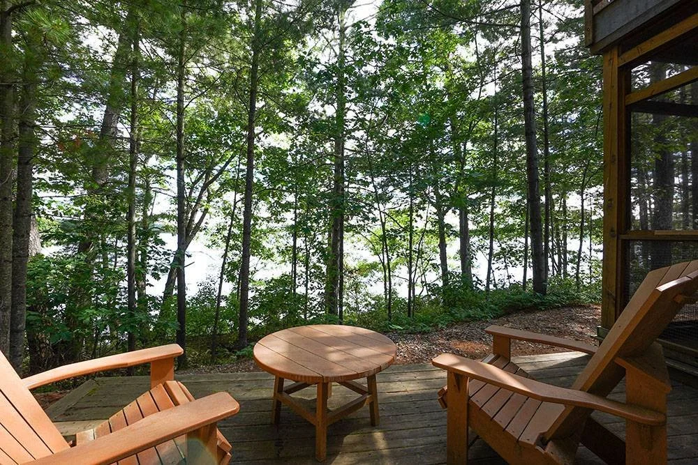 An image of two chairs and a table on a deck facing the forest