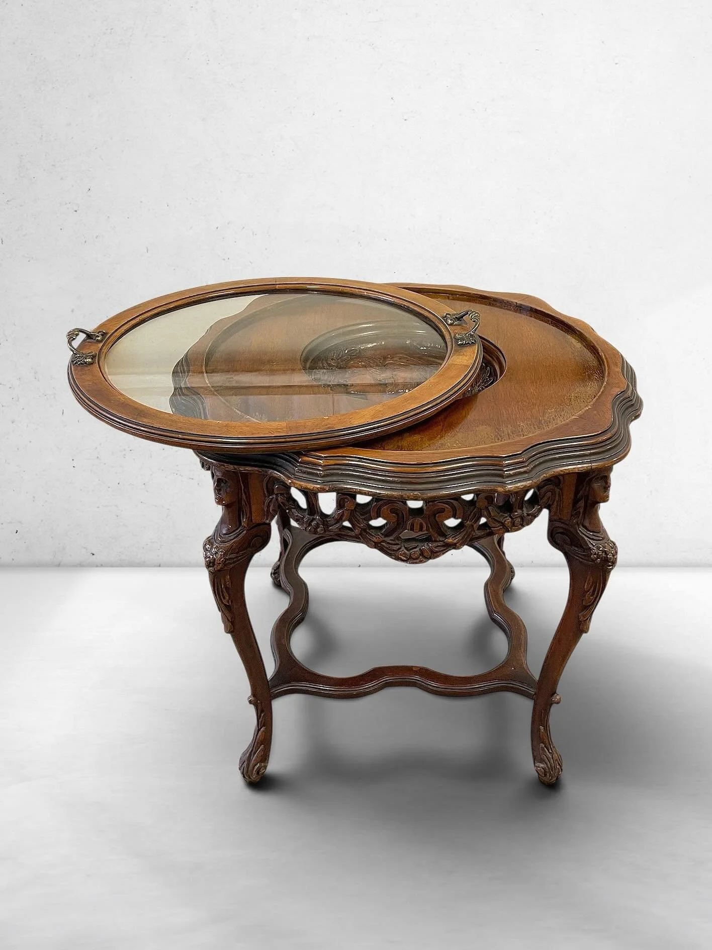 Antique Renaissance Revival Carved Wood Tray-Top Side Table with Figural Legs &amp; Glass Inset

~~~~~~~~~~~~~~~~~~~~~~~~~

Exceptional antique carved wood side table with a removable tray-style top, glass inset, and richly detailed Renaissance Reviv