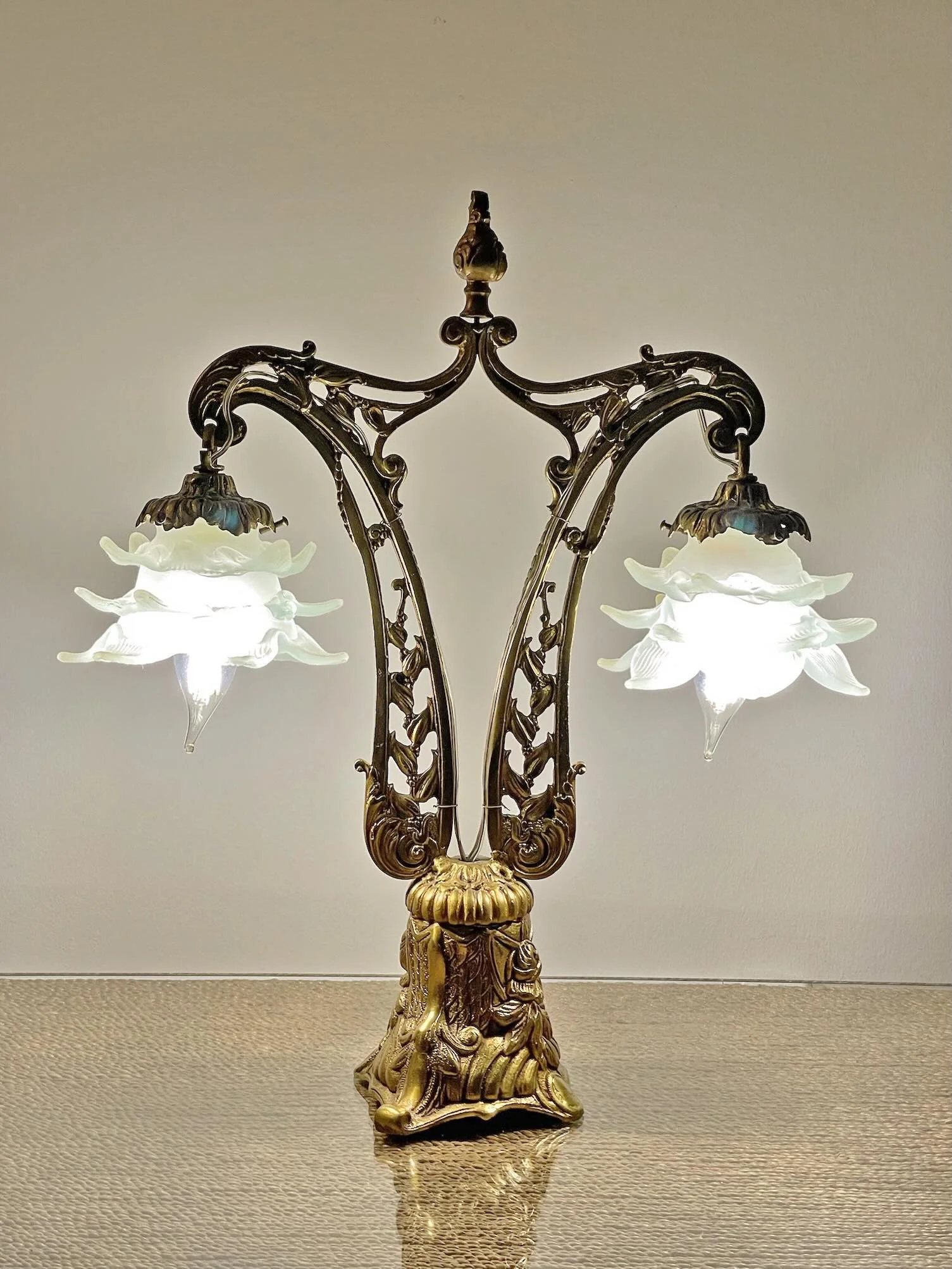 Vintage Art Nouveau Bronze Double Lily Lamp with Frosted Glass Floral Shades

~~~~~~~~~~~~~~~~~~~~~~~~~

A beautifully sculptural vintage double-arm table lamp in cast bronze, designed with an ornate Art Nouveau-inspired silhouette and rich floral de
