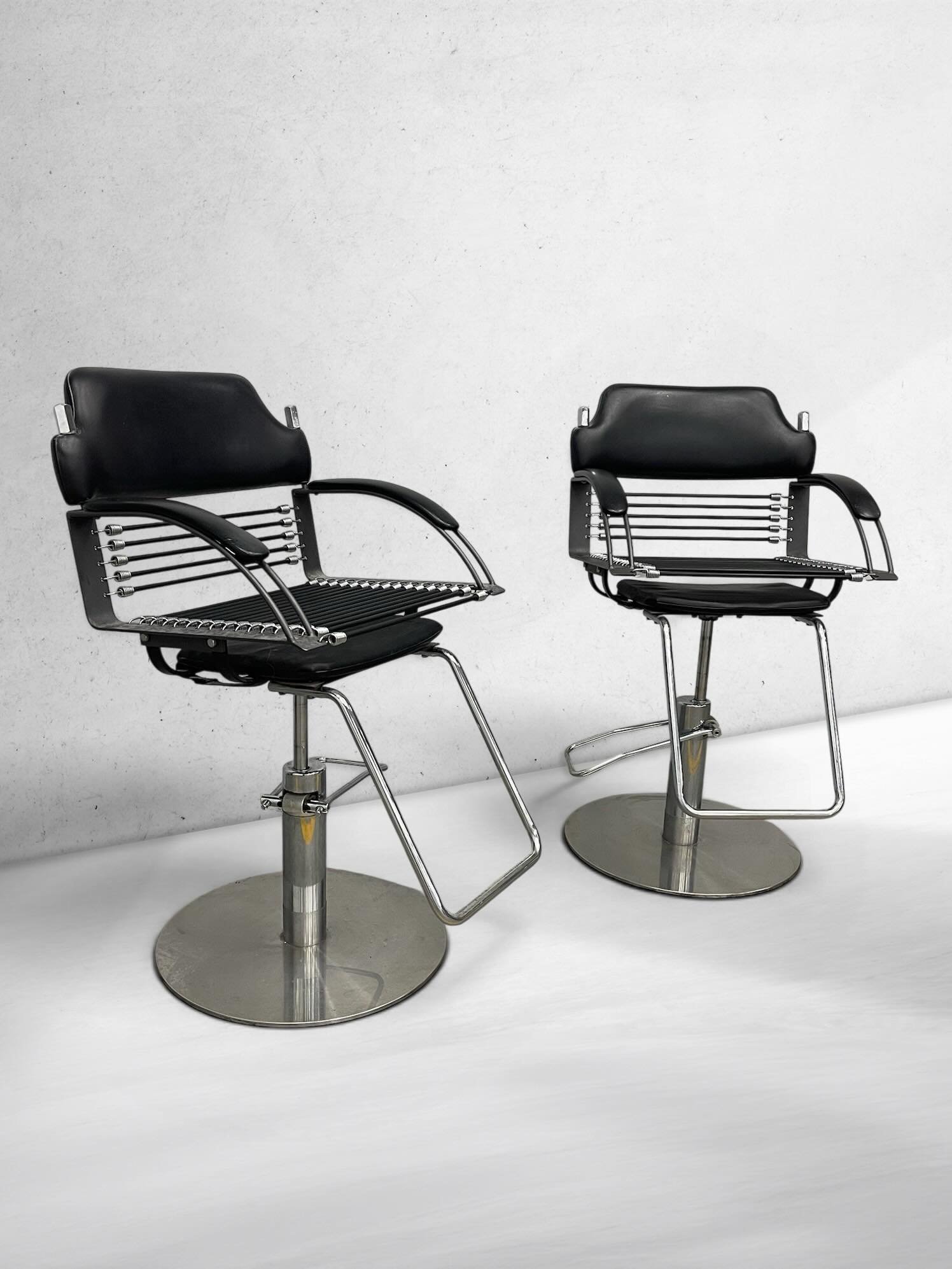 Pair of Vintage Postmodern Tension-Rod Lounge Chairs | Chrome &amp; Black Architectural Design

~~~~~~~~~~~~~~~~~~~~~~~~~

An exceptional pair of vintage Postmodern chairs featuring a highly sculptural exposed tension-rod construction, polished chrom