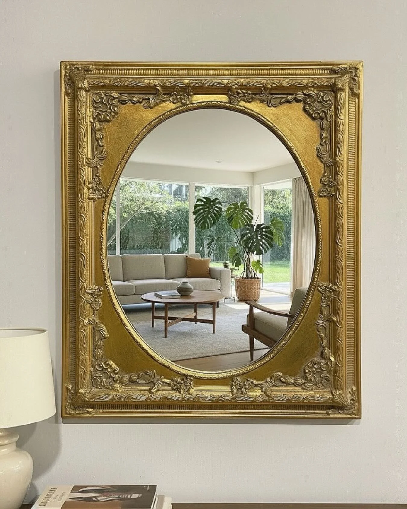 ✨SOLD✨Vintage Ornate Gilt Oval Mirror in Baroque Rococo Style 

~~~~~~~~~~~~~~~~~~~~~~~~~

Elegant vintage gilt wall mirror with an ornate Baroque/Rococo-style frame and oval mirror opening. The rectangular gold-tone frame features raised floral, scr