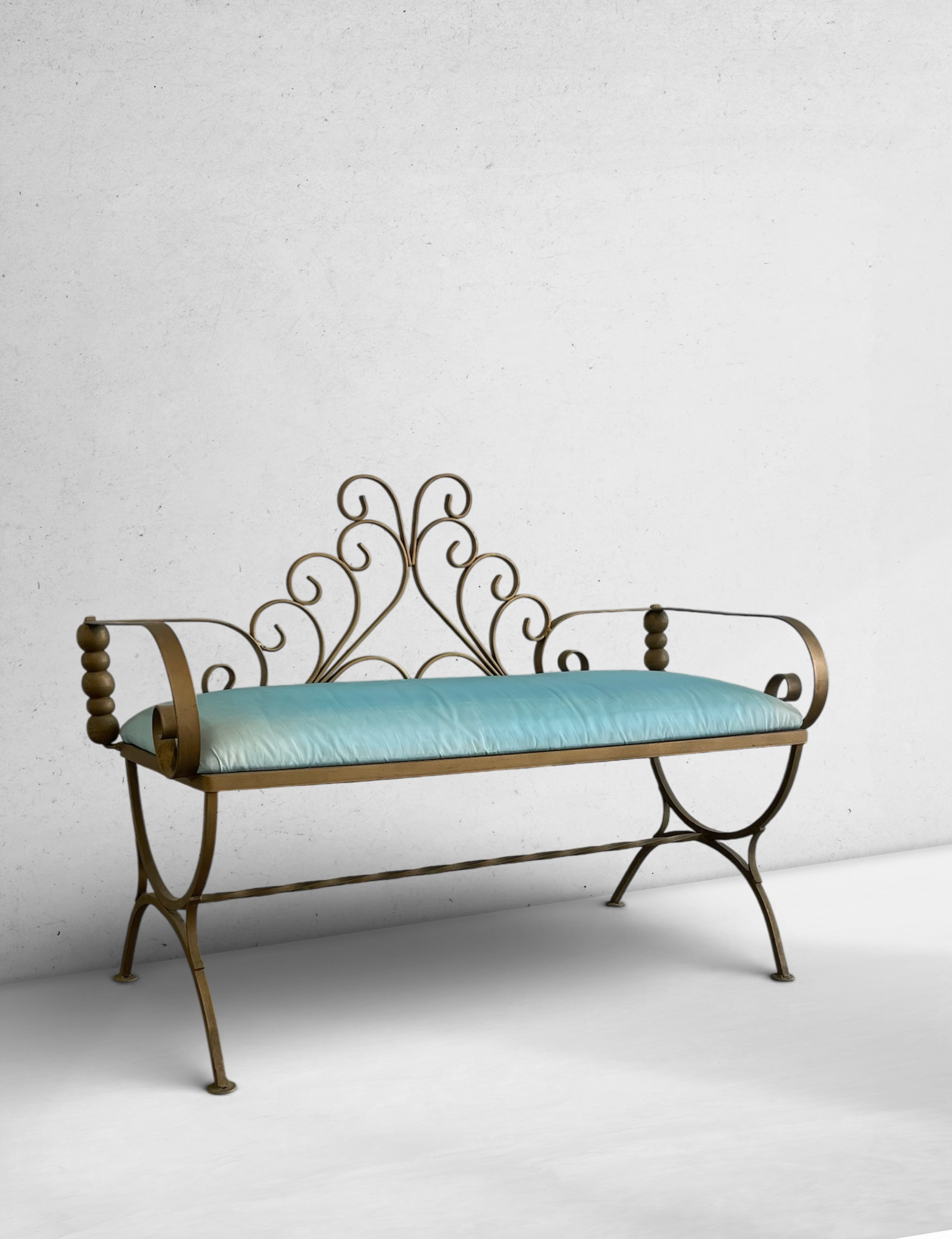 Vintage Hollywood Regency Gilt Iron Scroll Bench