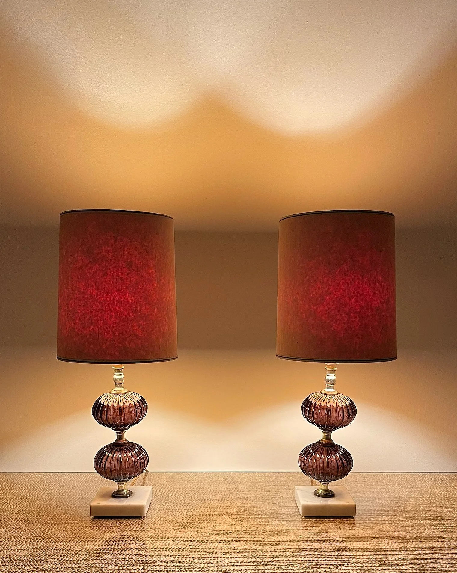 Pair of Vintage Murano Style Ribbed Glass Table Lamps with Marble Bases