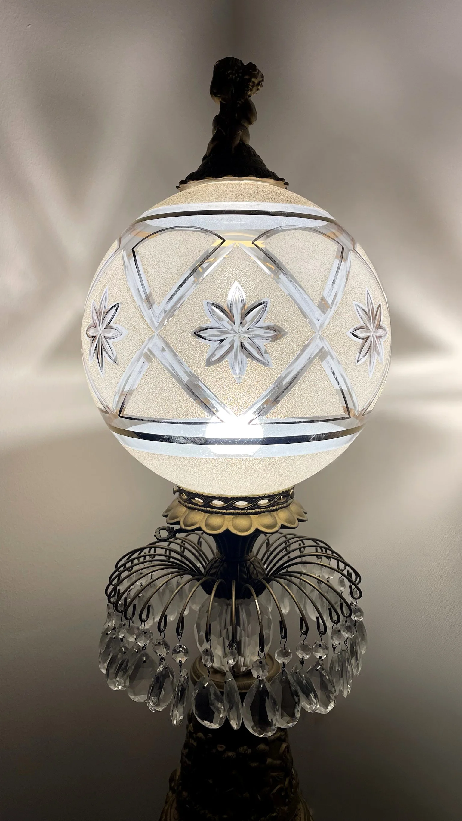 Vintage Pedestal Lamp with Gilt Bronze, Marble & Etched Crystal
