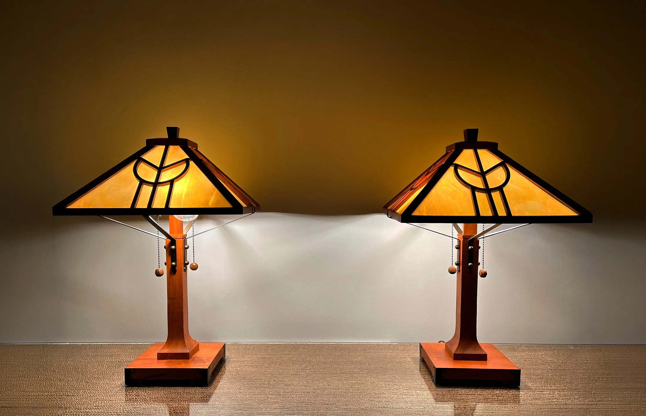 Pair of Arts & Crafts Mission Lamps with Iridescent Slag Glass