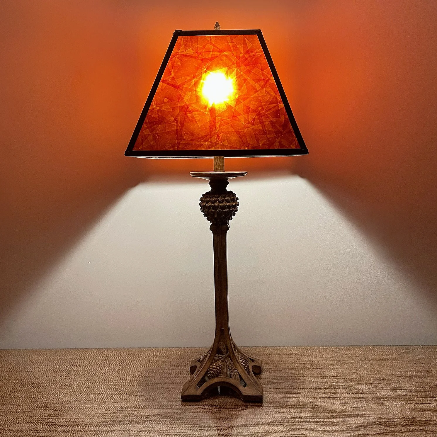 Vintage Carved Acorn Lamp w/ Amber Mica Shade