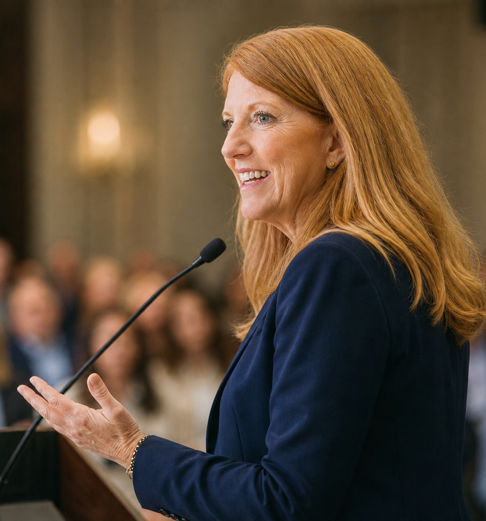 A woman with red hair, wearing a navy blazer, speaking at a podium with a microphone in front of an audience.