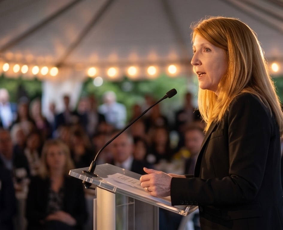 A woman with long red hair delivering a speech at an outdoor event with a microphone and listening audience under a tent.