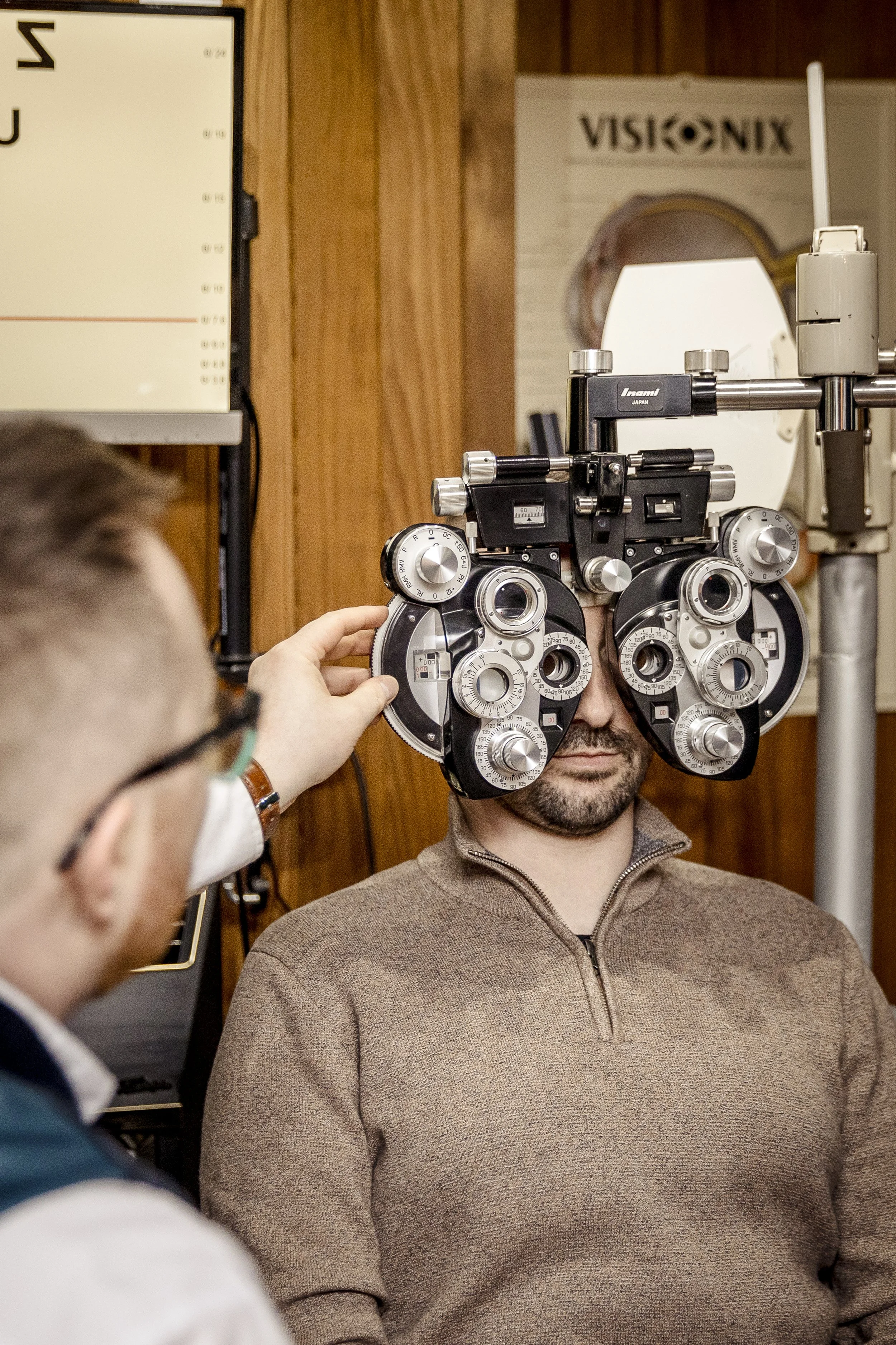 A patient receiving a neuro-optometry consultation for patients with visual processing difficulties.