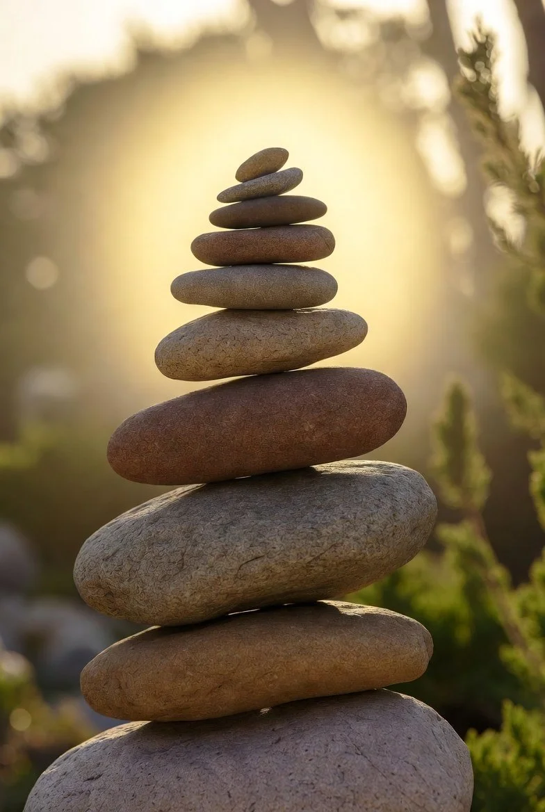 A stack of nine smooth, flat stones balanced on top of each other outdoors at sunset or sunrise, with blurred trees and sunlight in the background.