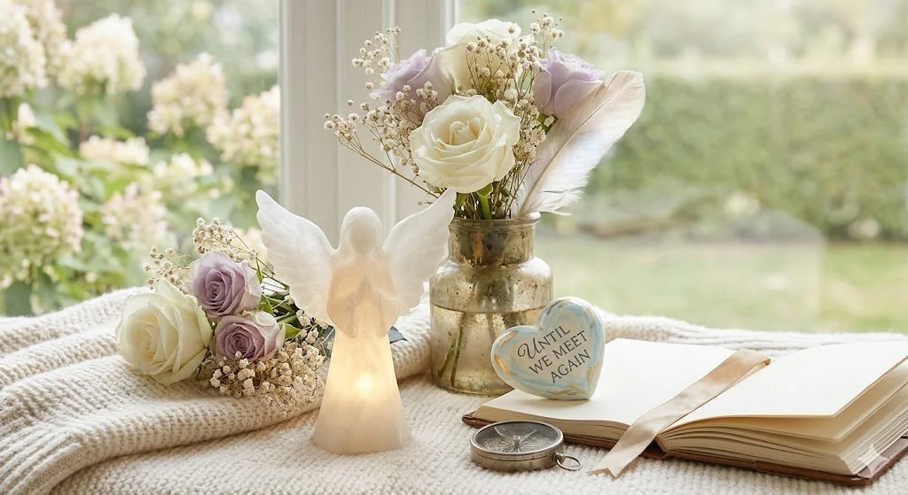 A decorative arrangement including a ceramic angel figurine, roses, and baby's breath flowers in a jar, a heart-shaped ornament with the words 'Until We Meet Again', an open journal with a ribbon bookmark, a pocket watch, and a cozy blanket by a window with a garden view.