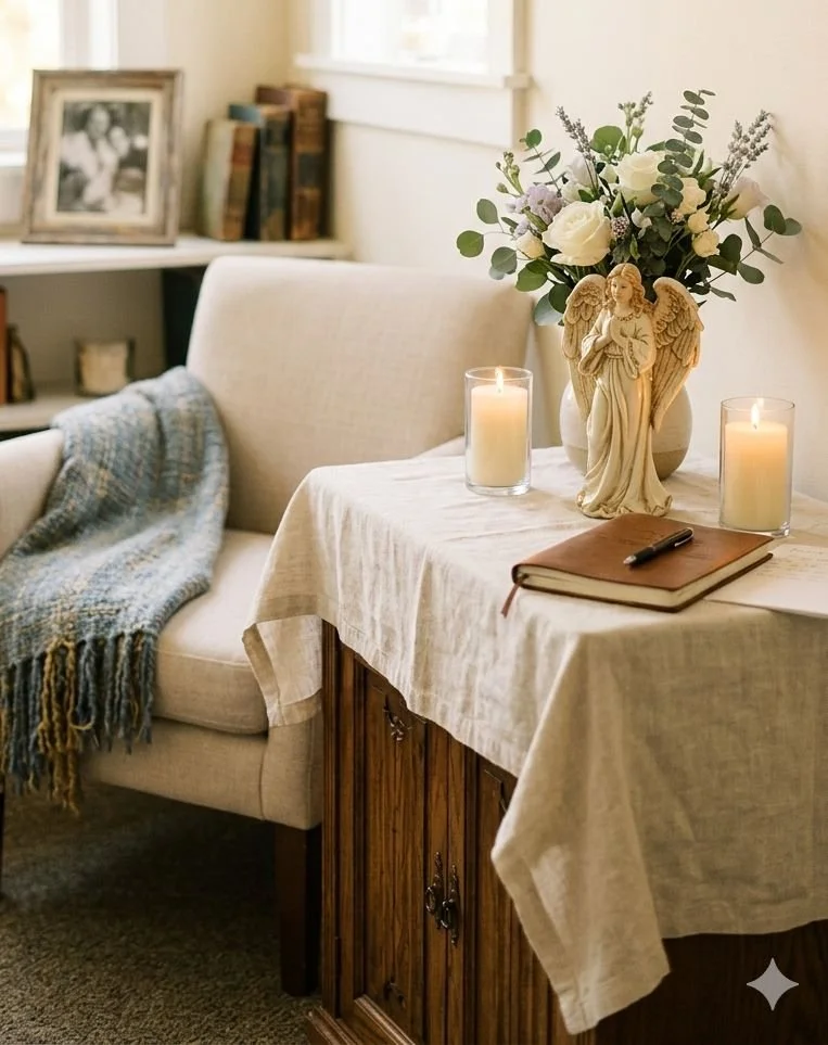 A cozy living room corner with a beige sofa, a blanket draped over the armrest, a table with a white tablecloth, a floral arrangement with white roses and greenery in a angel-shaped statue, two lit candles, a notebook, and a pen. In the background, there is a bookcase and a framed photo on the shelf.