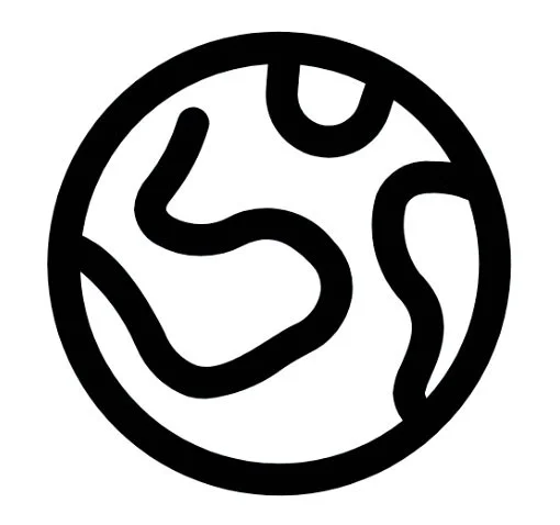 Simplified black and white illustration of a globe with abstract landmasses.