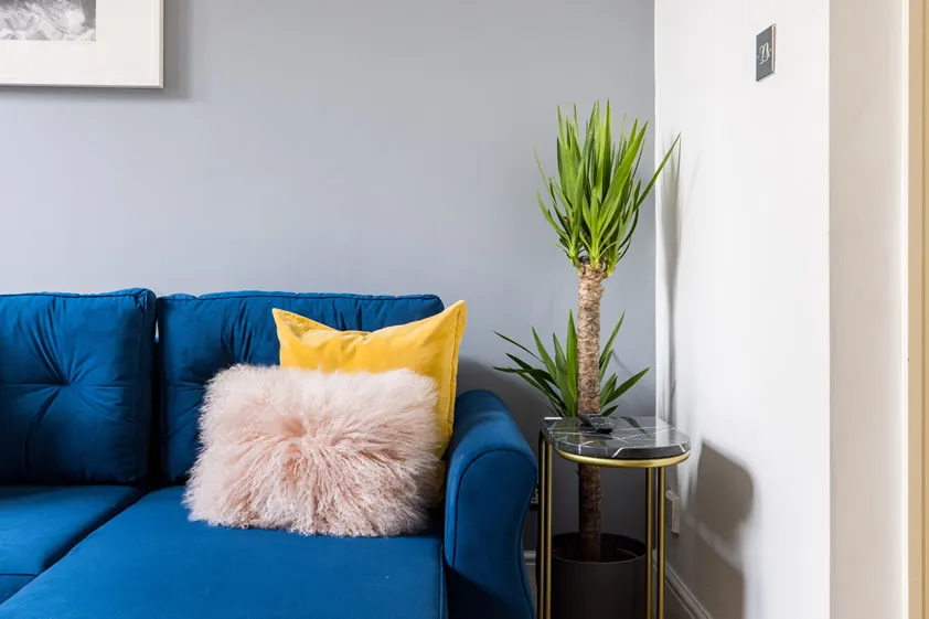 Blue sofa with yellow and fluffy pink pillows next to a potted plant on a black marble-topped side table in a living room.