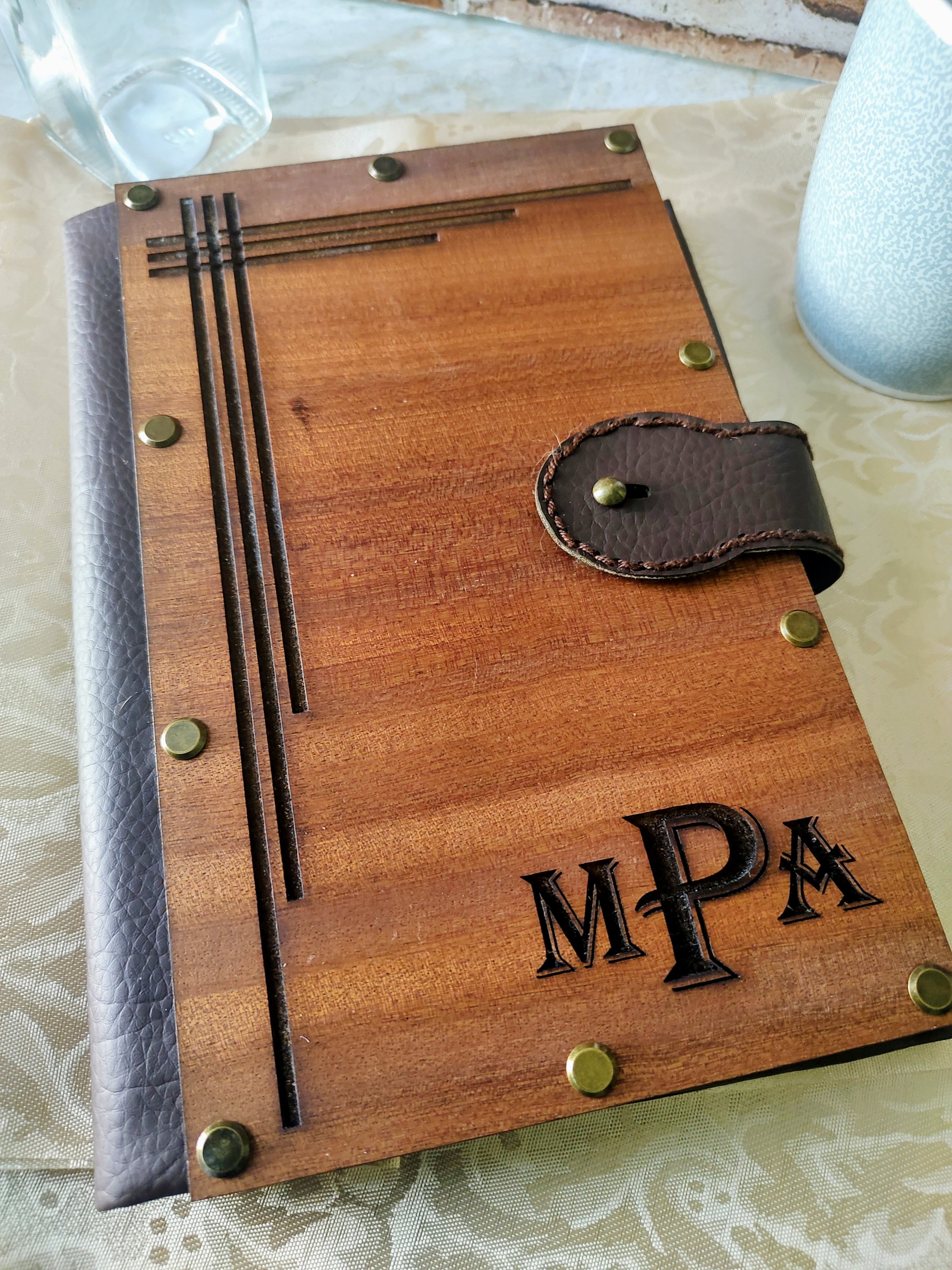 Engraved Wood and Leatherette Notebook Cover
