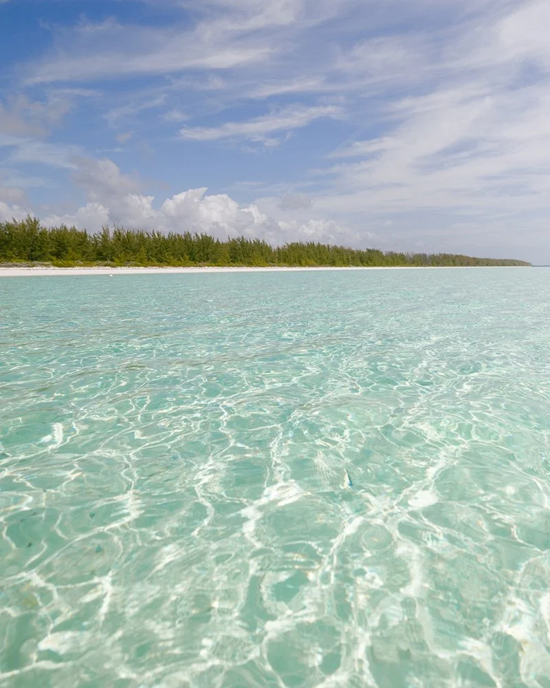 A clear, turquoise ocean with a distant shoreline of trees and a partly cloudy sky.