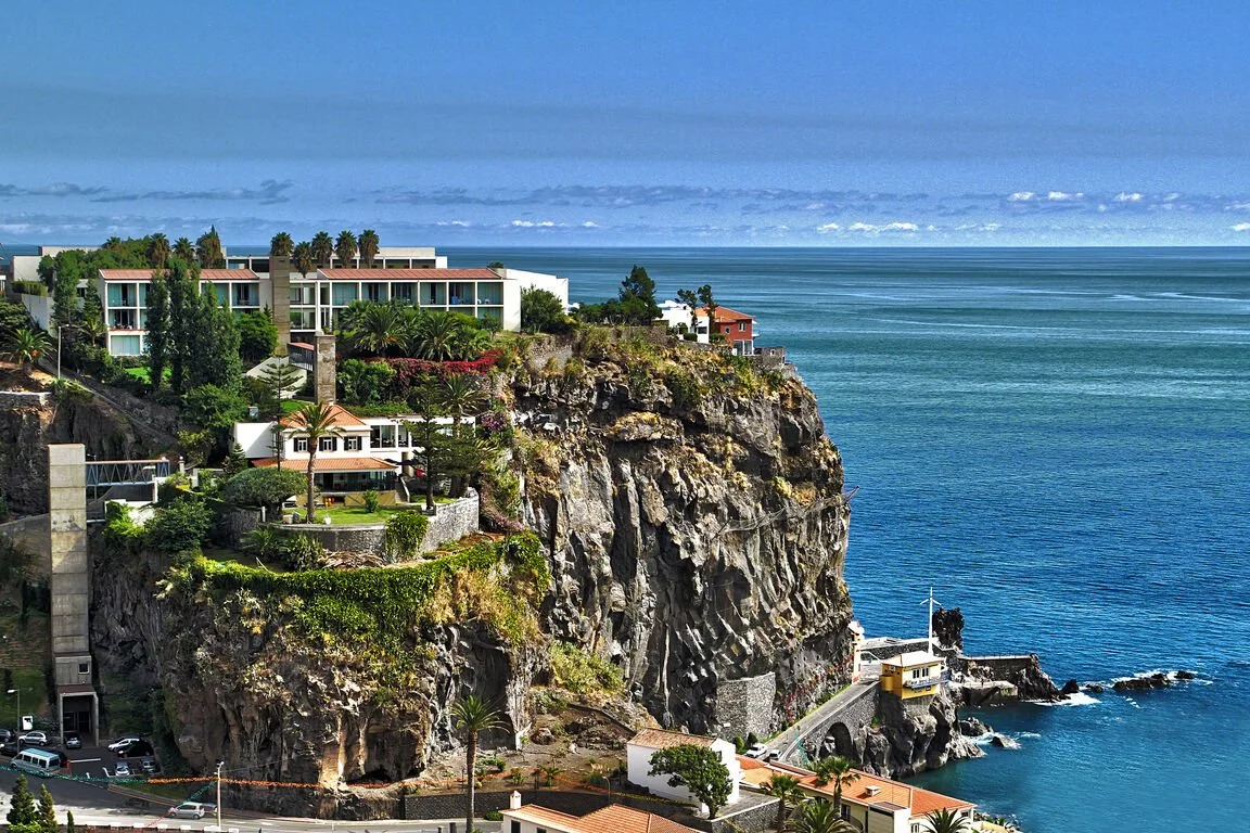 Cliffside coastal homes with lush greenery and ocean view in the background.