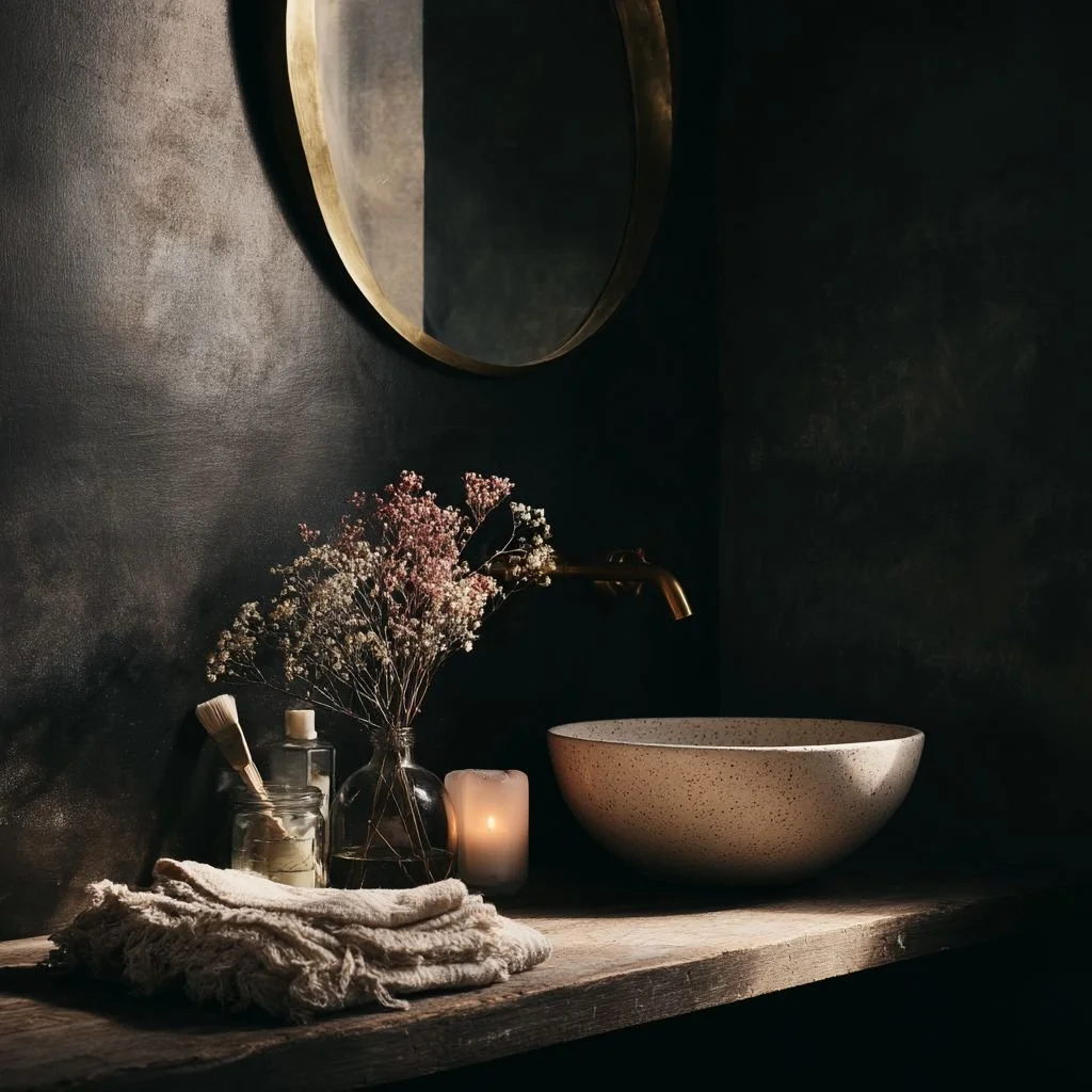 Bathroom sink with a round beige vessel basin, a gold faucet, a mirror above, dried flowers in a black vase, a lit candle, and folded towels on a rustic wooden countertop.