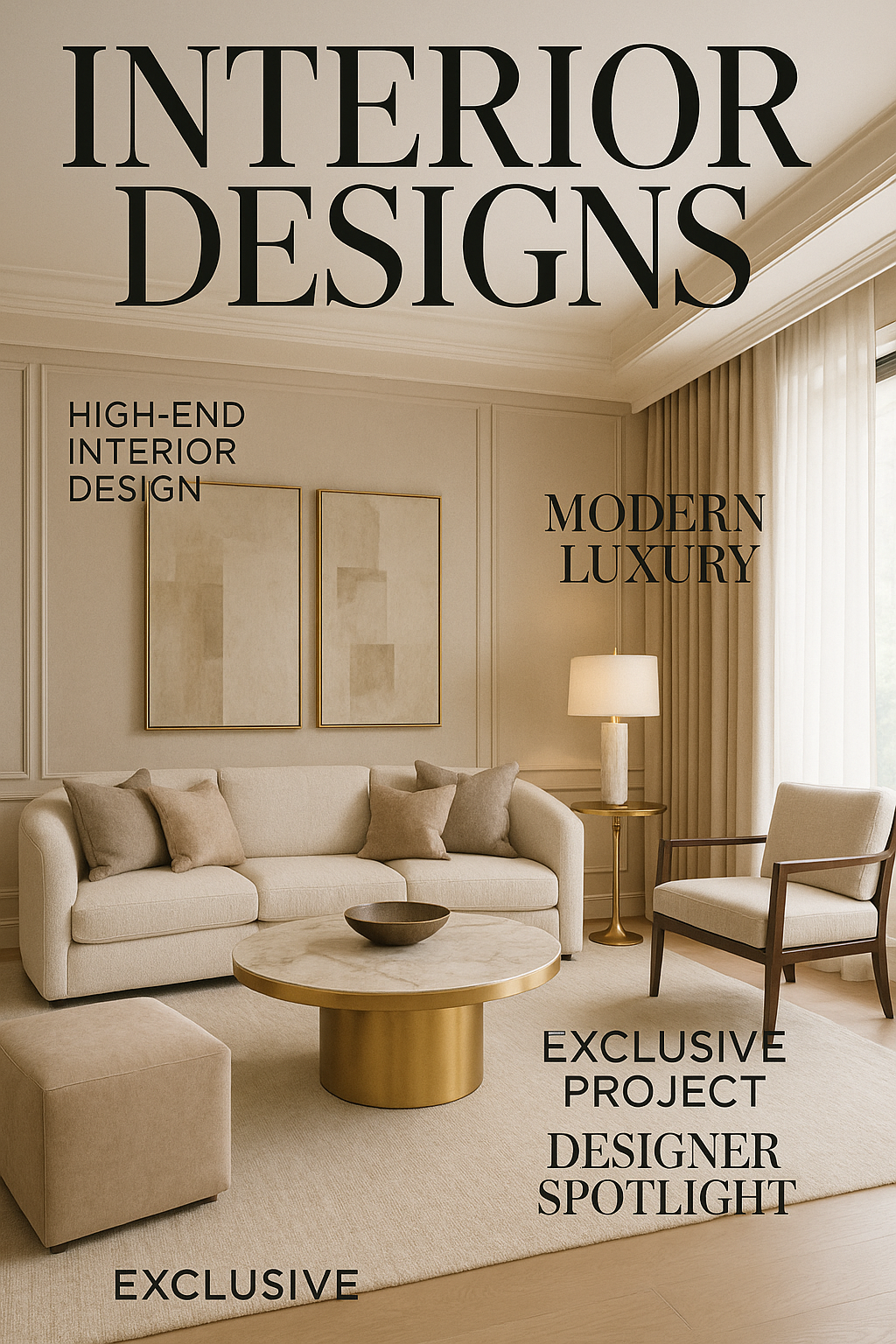 Living room with beige sofa, armchair, marble-topped coffee table with gold base, and modern artwork, featuring text about interior design styles and projects.