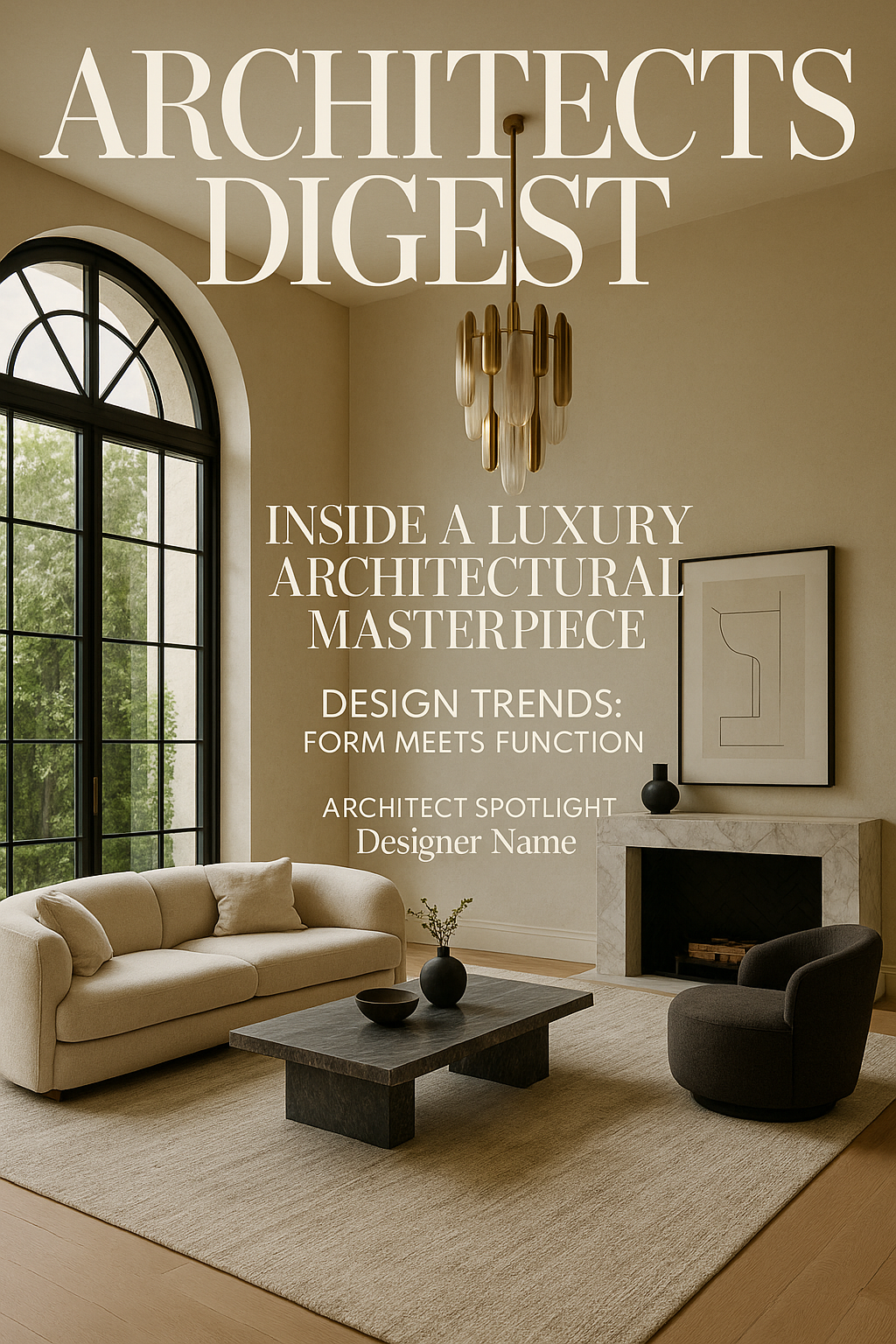 Living room with large arched window, beige sofa, black armchair, modern chandelier, framed abstract artwork, fireplace, and minimalist decor.