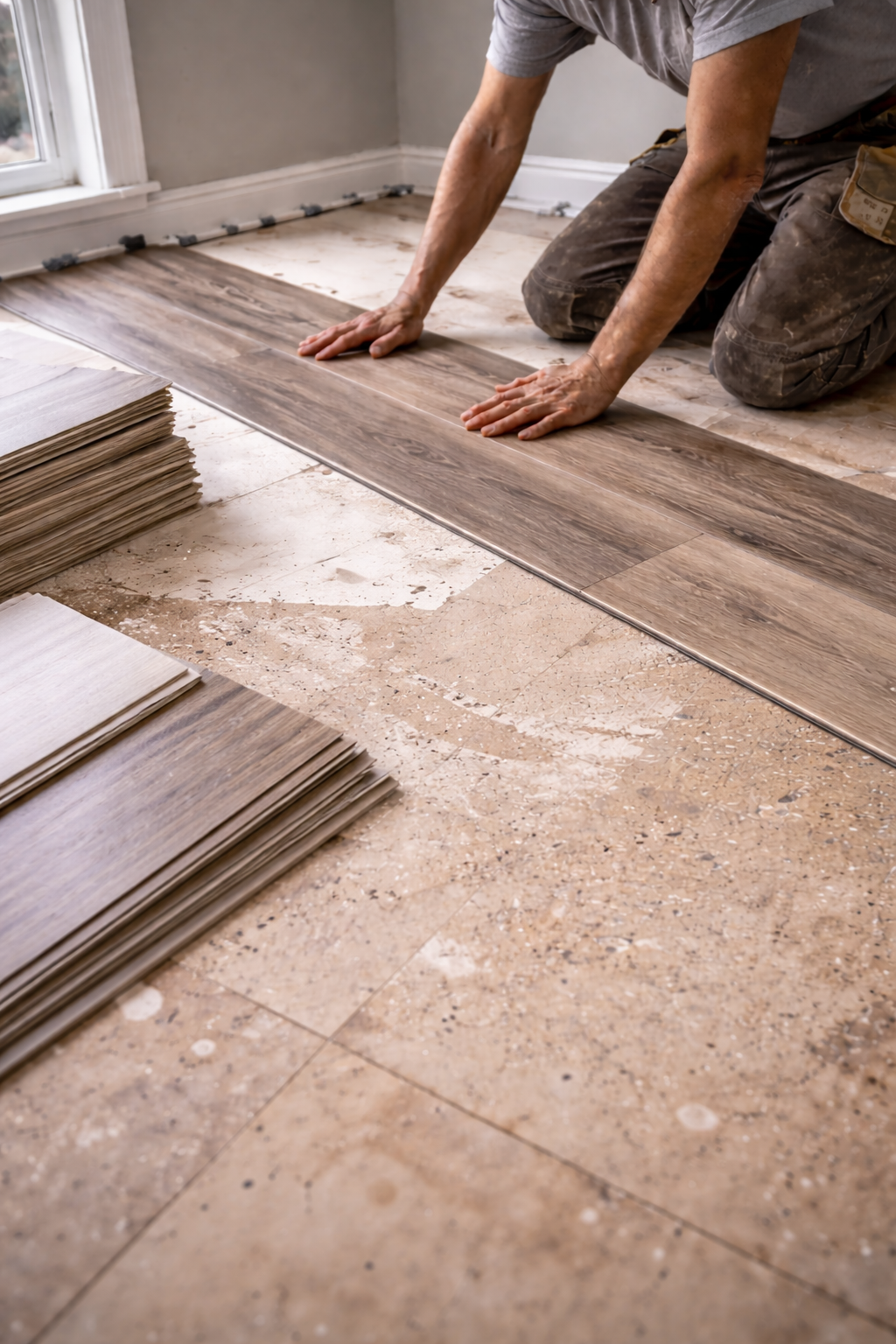A person installing wood flooring in a room, kneeling on the floor, aligning a plank of wood. Piles of tiles are stacked nearby, and there is a window with natural light.