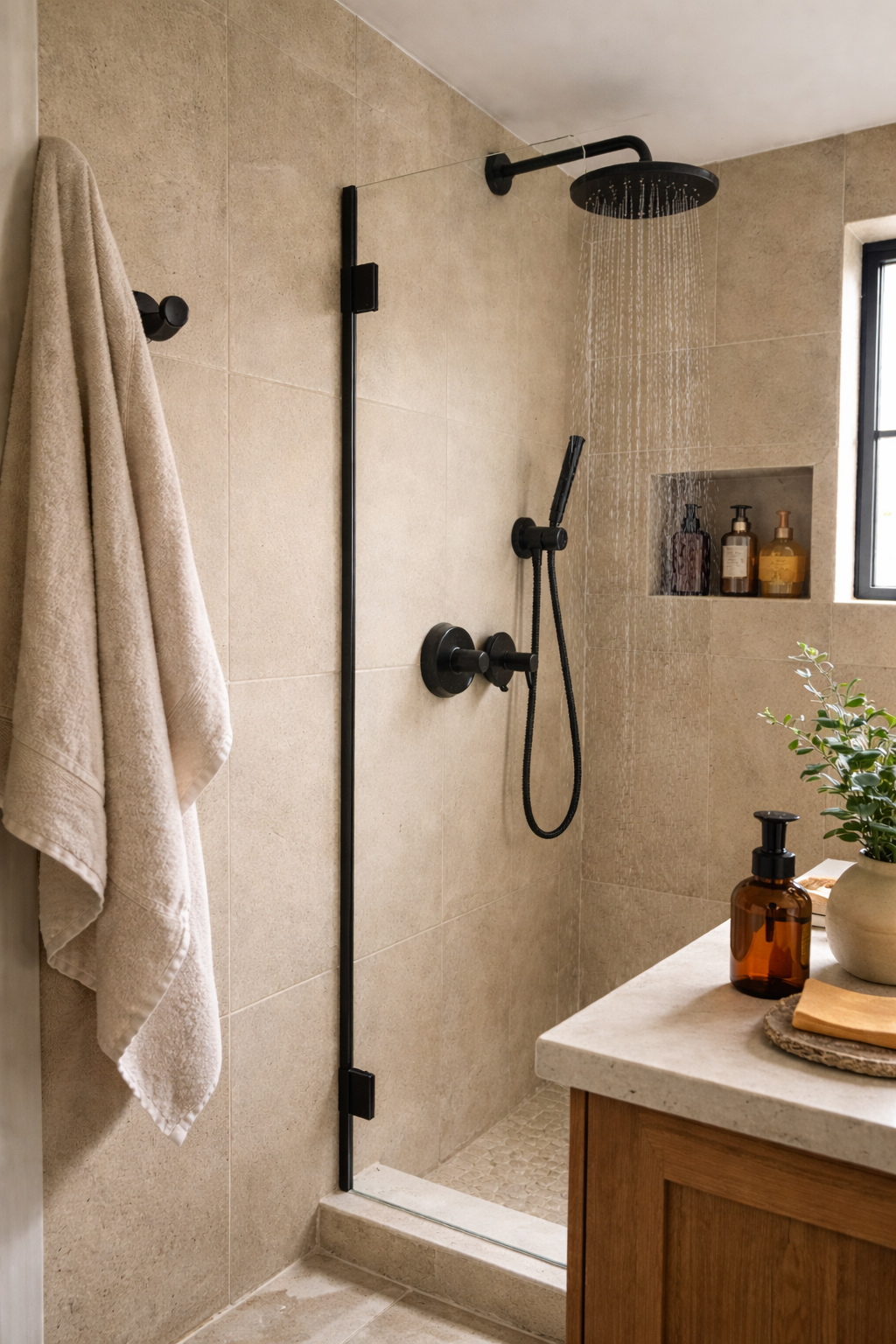 A modern walk-in shower with a black rainfall showerhead, a smaller handheld shower, and beige tiled walls. A towel hangs on a hook on the left wall, and a small window with a ledge holding bottles is visible near the shower. A vanity with a potted plant and soap dispenser is partially visible on the right.
