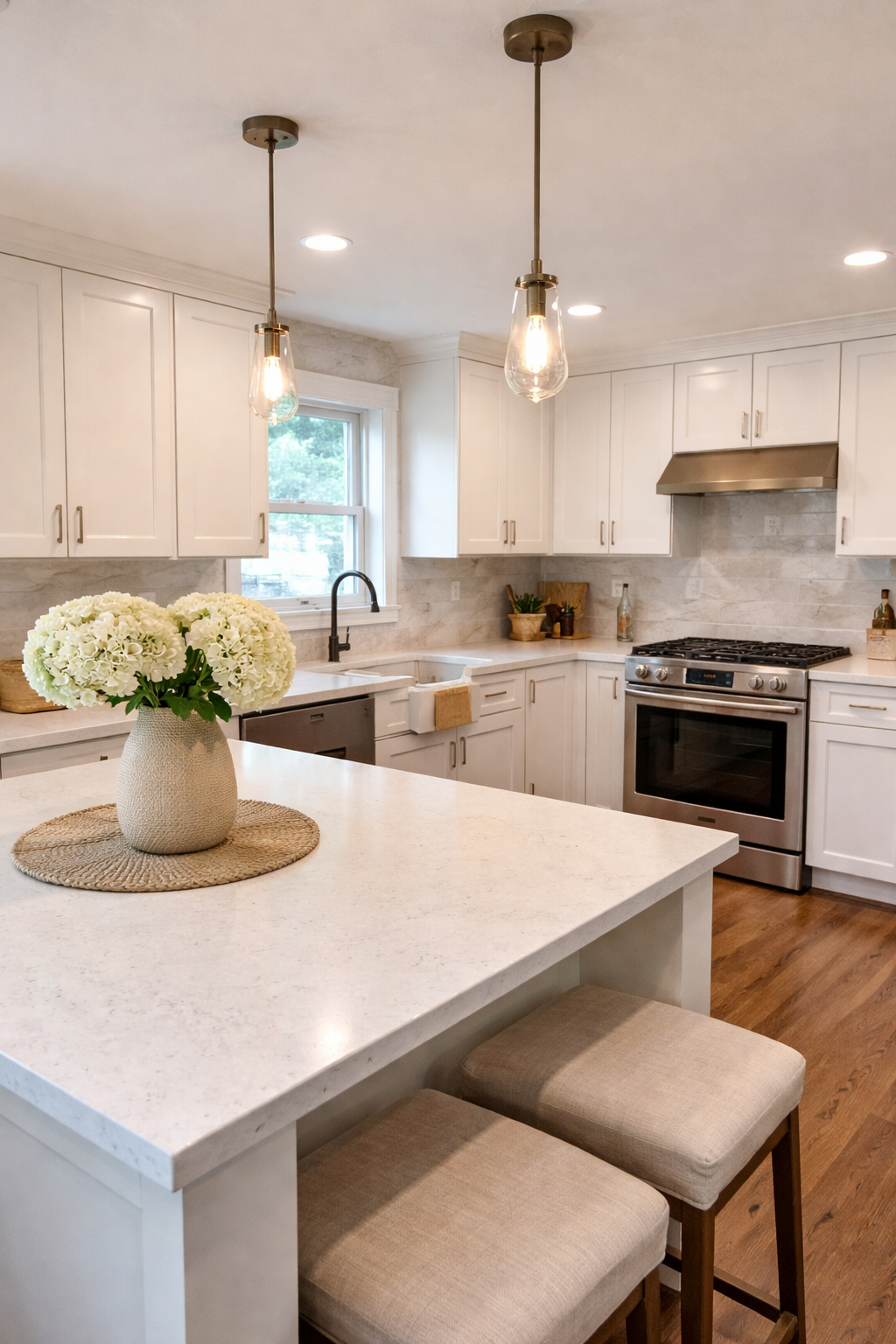 A modern kitchen with white cabinets, a white island with beige chairs, a vase of white hydrangeas, and stainless steel appliances. Pendant lights hang from the ceiling, and natural light comes through a window above the sink.