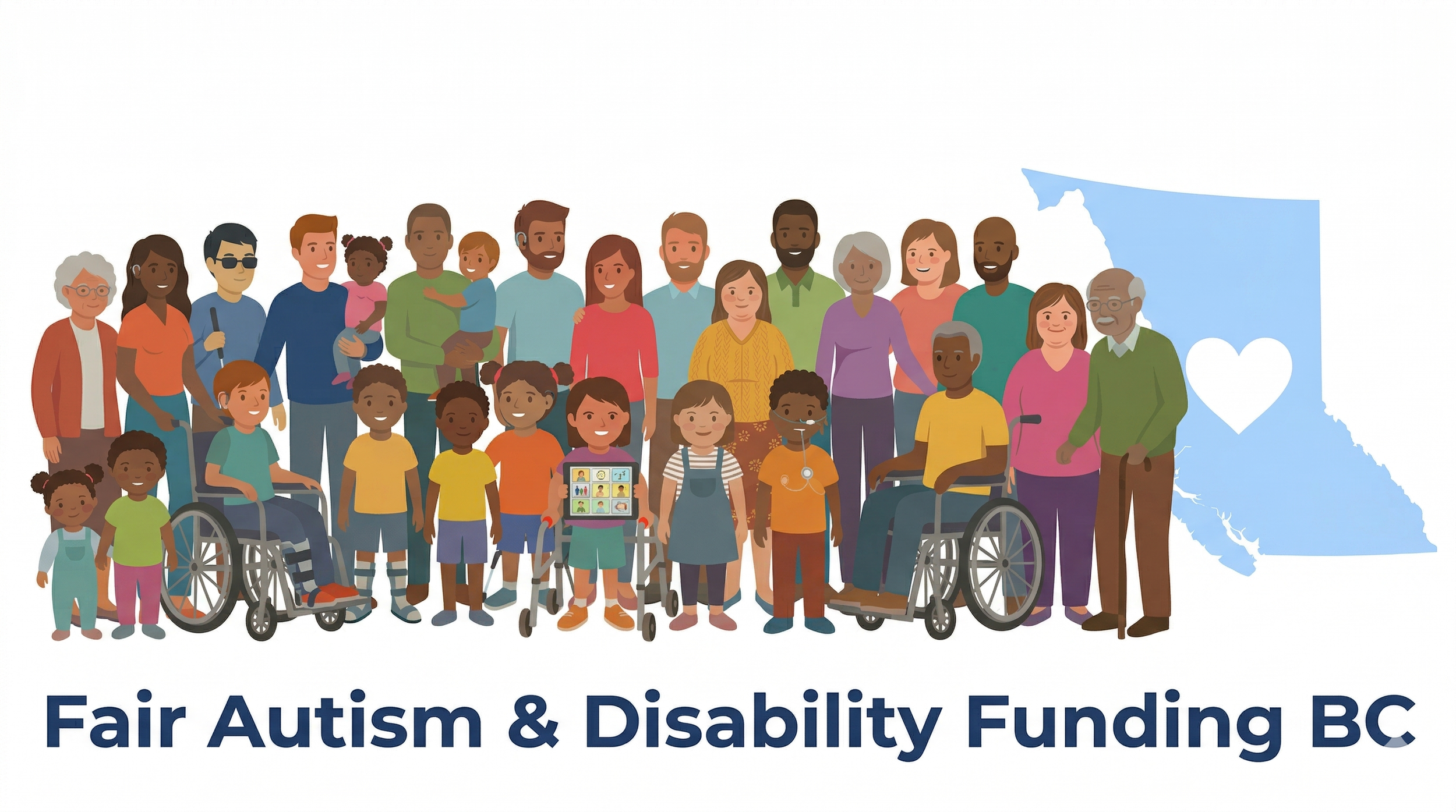 A diverse group of people, including children, adults, elderly, and individuals with disabilities, posing together with a background of the outline of the state of British Columbia and a heart symbol. The text reads 'Fair Autism & Disability Funding BC.'