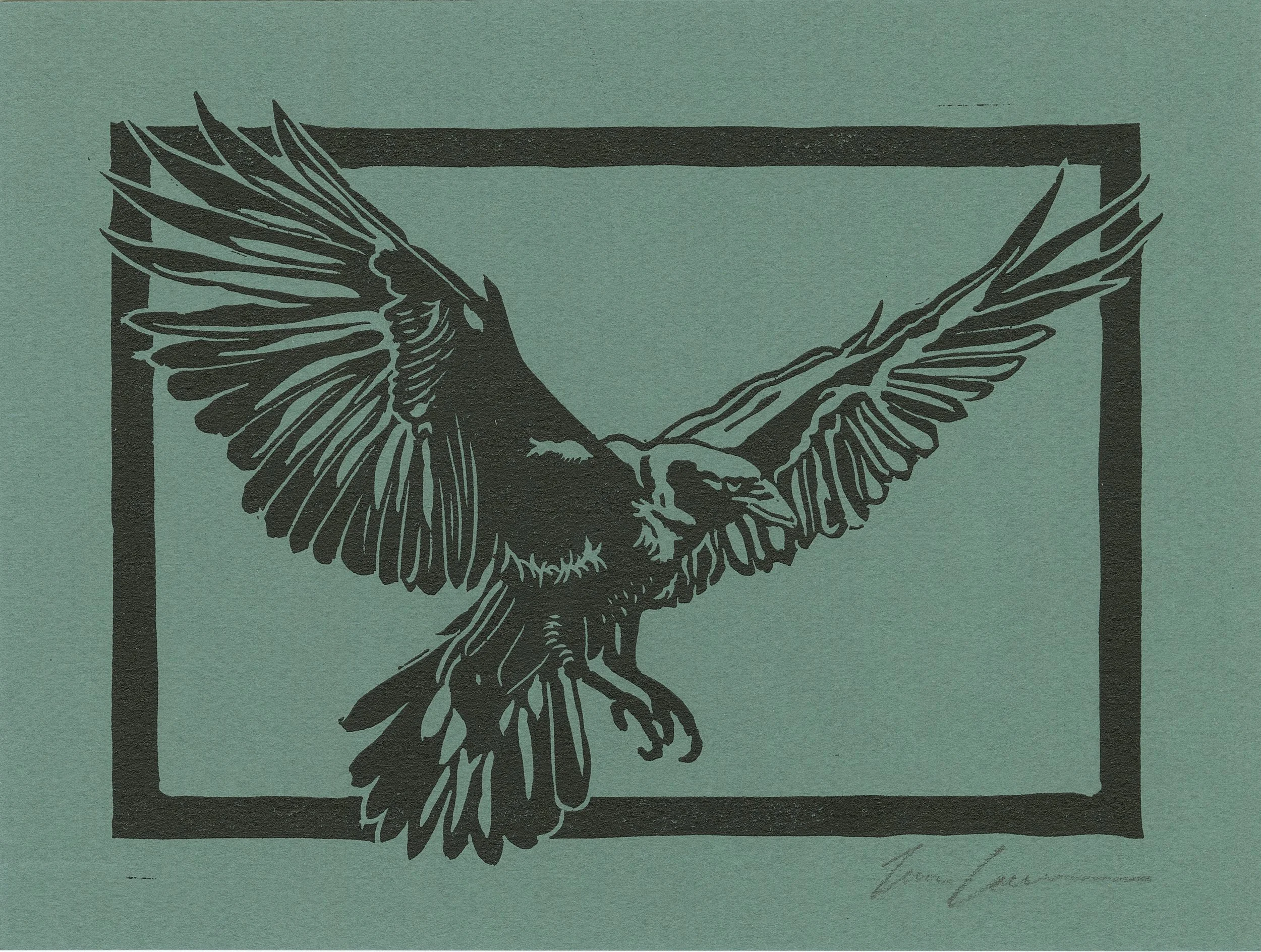 Raven. Linoleum relief print on colored paper, 7x9", 2023. 