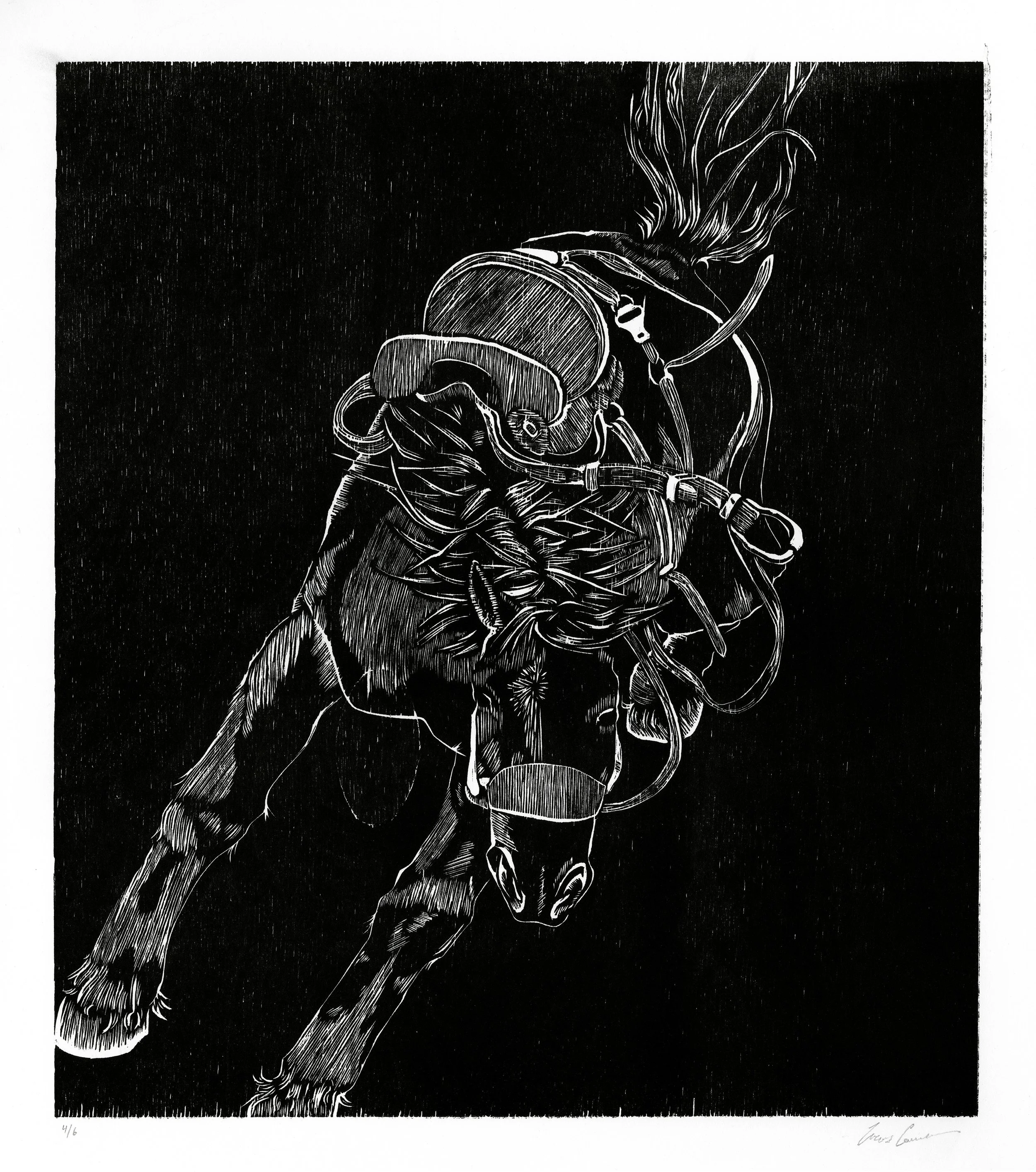 Black Horse I. Woodblock print, 14x16", edition of 6, 2026. 