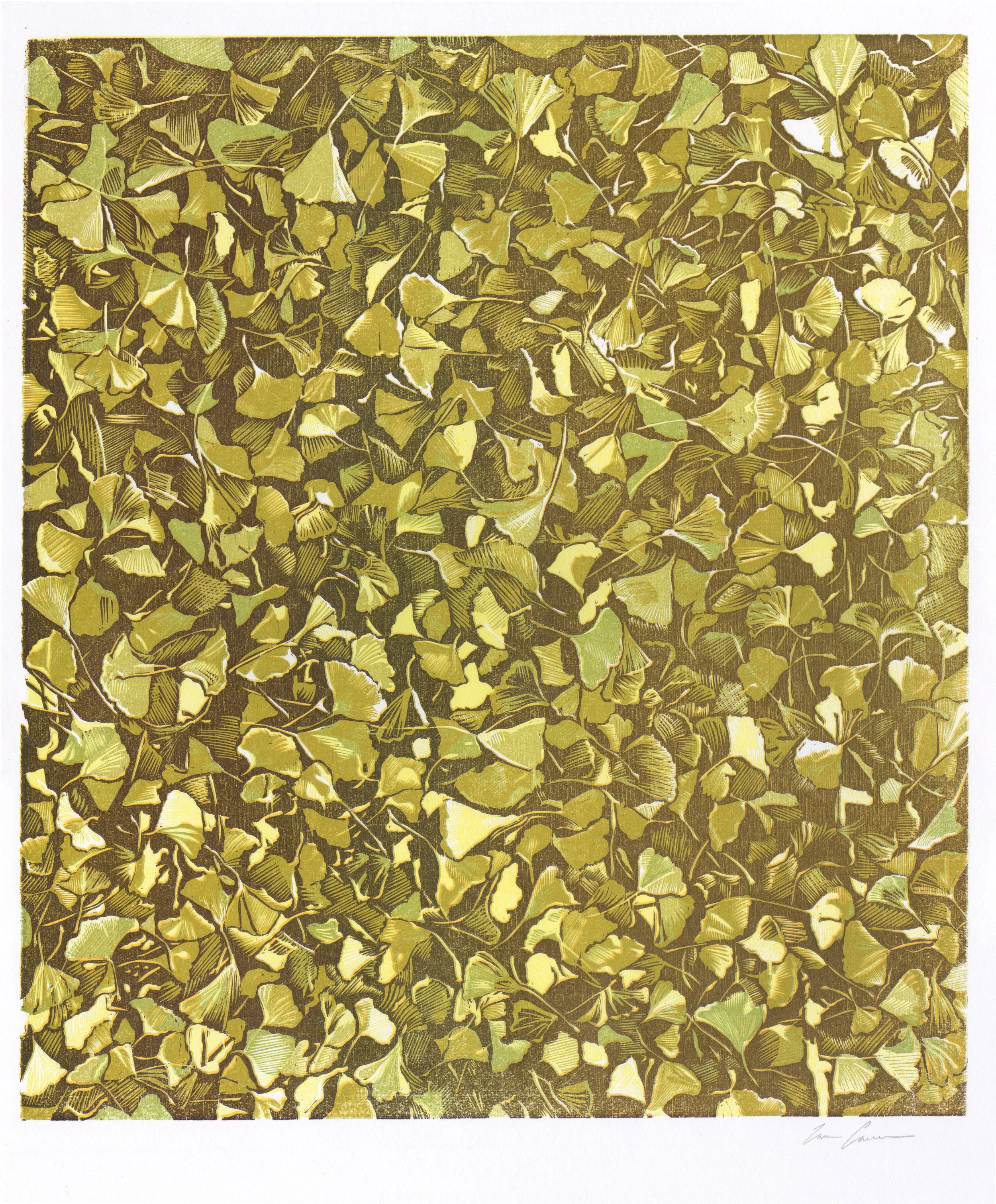 Fallen Ginkgo Leaves. Five-layer color reduction woodcut printed letterpress. Edition of 25, Spring 2026. 