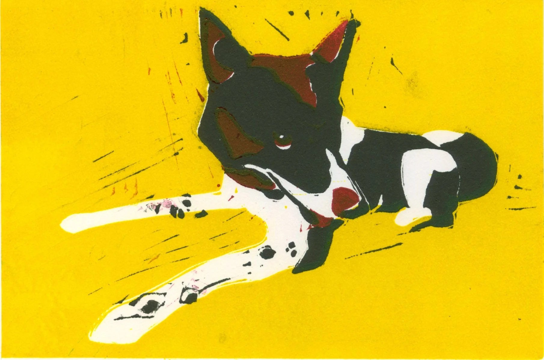 Zena. Multi-block linoleum relief print, 4x6", edition of 3, 2025. 