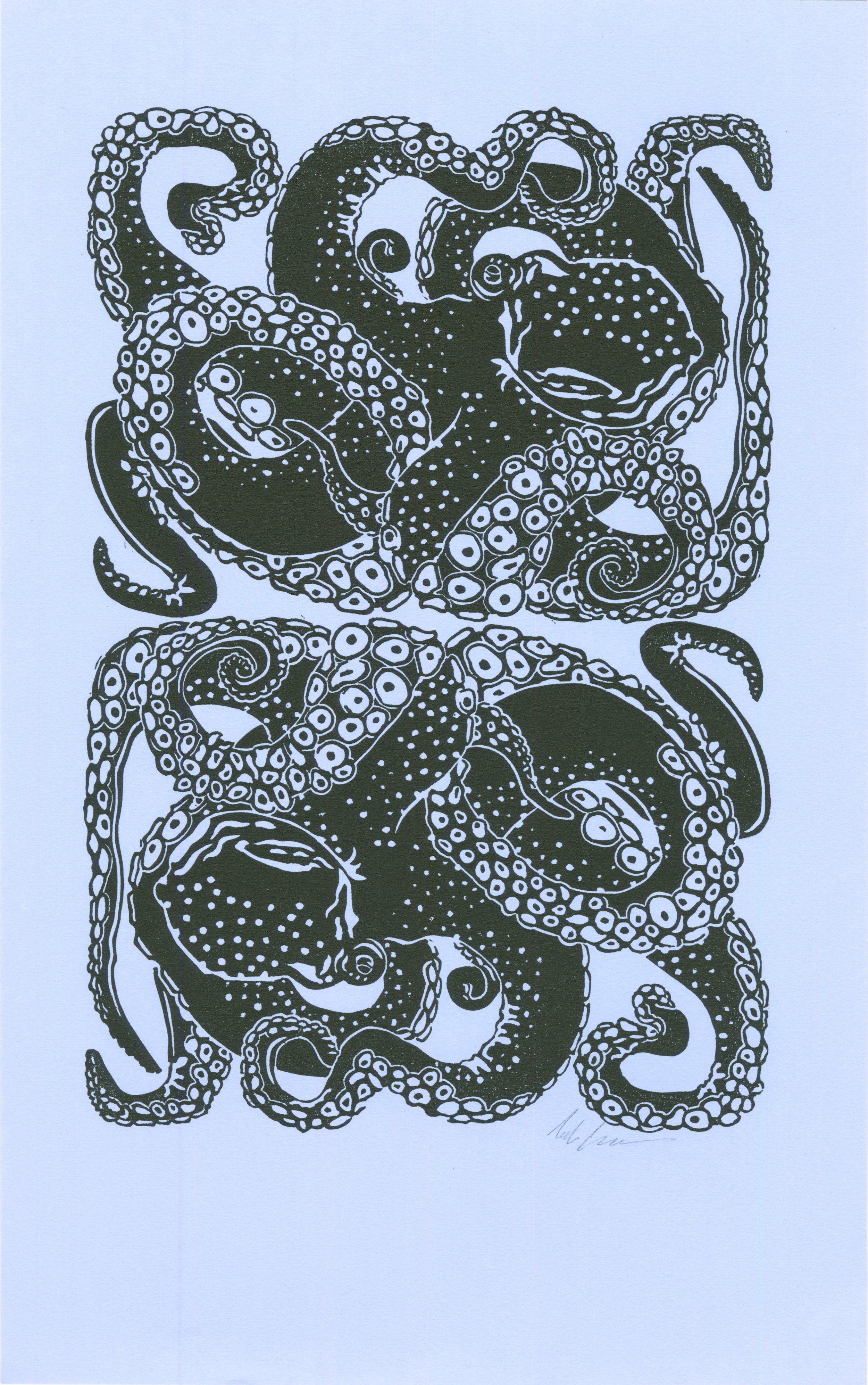 Double Octopus. Linoleum relief print, edition of 25, 10x24", 2024.