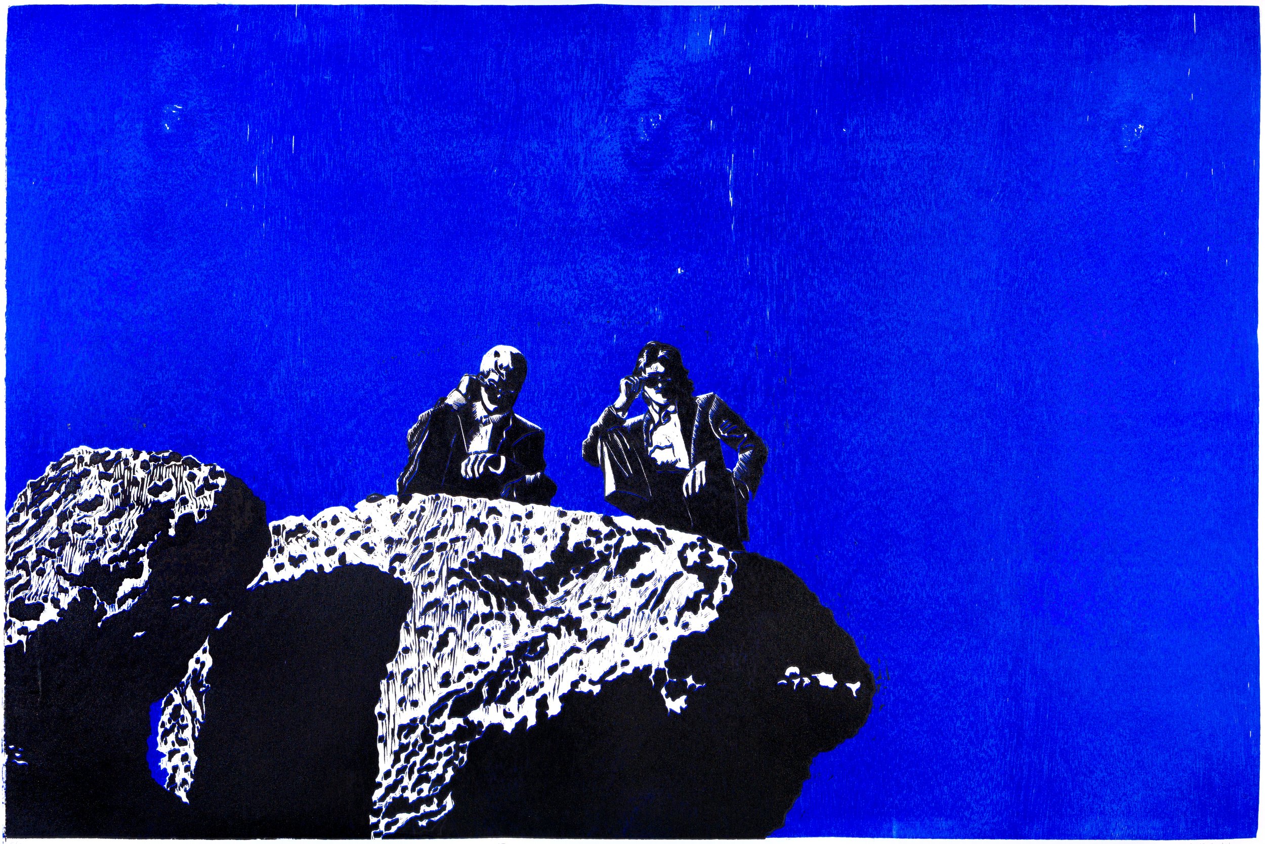 This reduction woodblock print measures almost 3 x 4 feet. It's a self portrait depicting myself and my brother. It was cut over the course of two weeks and printed in an edition of only three. 