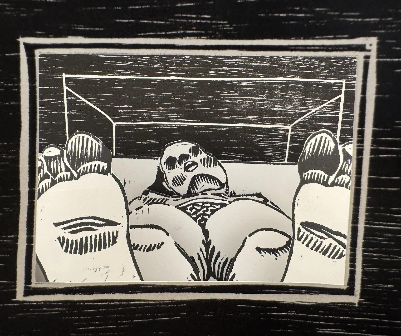 This front detail is from a Victorian tunnel book project. Seven prints are layered in an accordion binding to create space and distance, which is especially effective paired with one-point perspective. In finishing the project, I intend to print an 