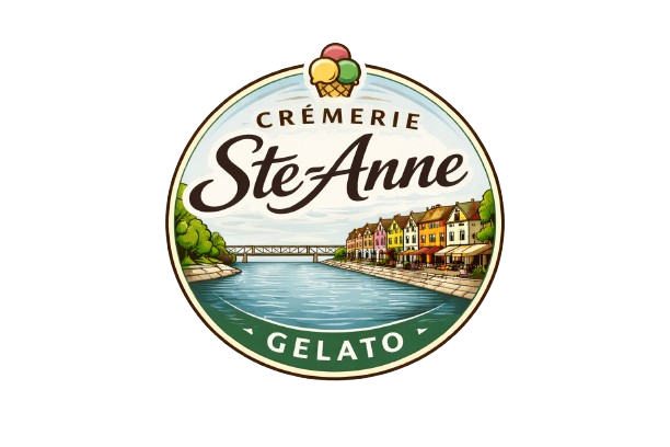 Logo for Cremerie Ste Anne Gelato featuring a river scene with colorful buildings and an ice cream cone