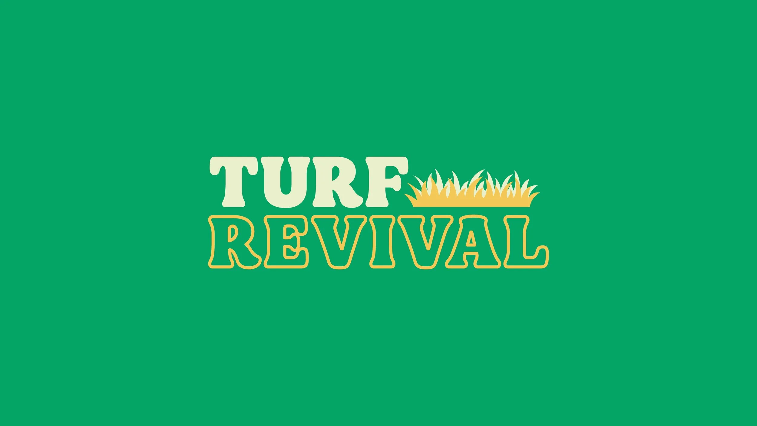 Logo with the words "Turf Revival" and illustrations of grass on a green background.