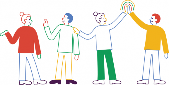 Four animated people interacting with each other, with two of them high-fiving beneath a rainbow.