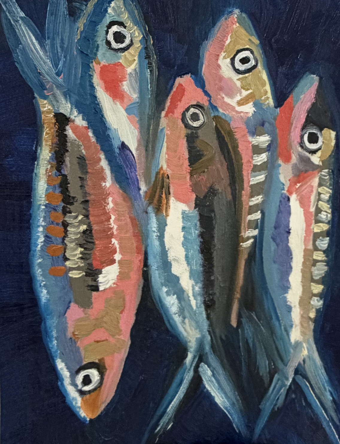 A colorful abstract painting of five fish with prominent eyes, painted in shades of blue, pink, black, white, and brown, on a dark blue background.