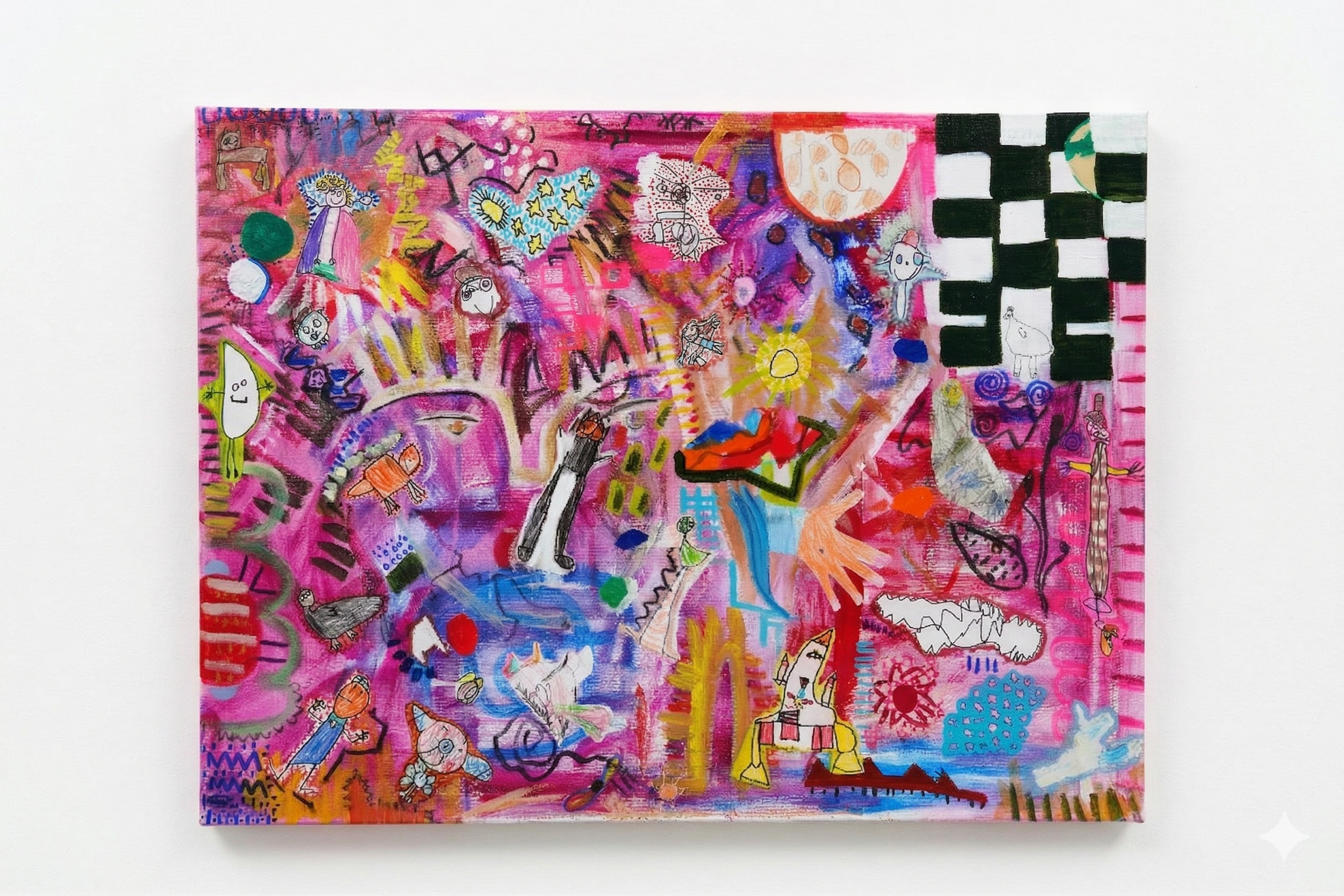 Colorful abstract and cartoon-style artwork on canvas featuring various doodles, characters, sun, moon, and vibrant patterns with a predominantly pink background.