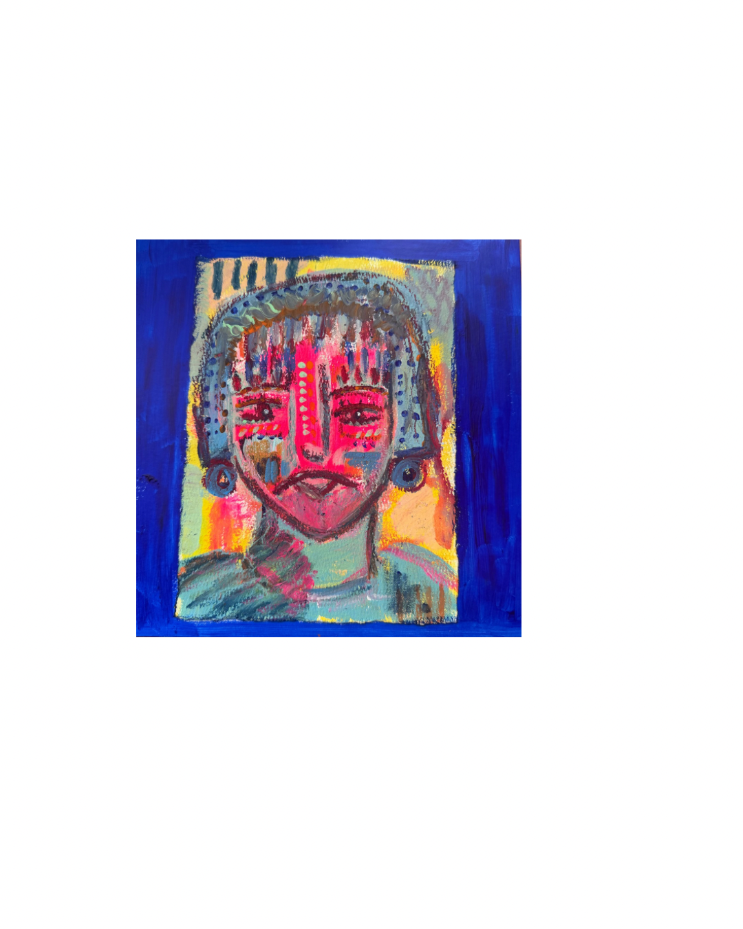 Abstract portrait of a person with dark skin, large earrings, and facial markings, painted with vibrant colors, including pink, blue, yellow, and gray, against a blue background.