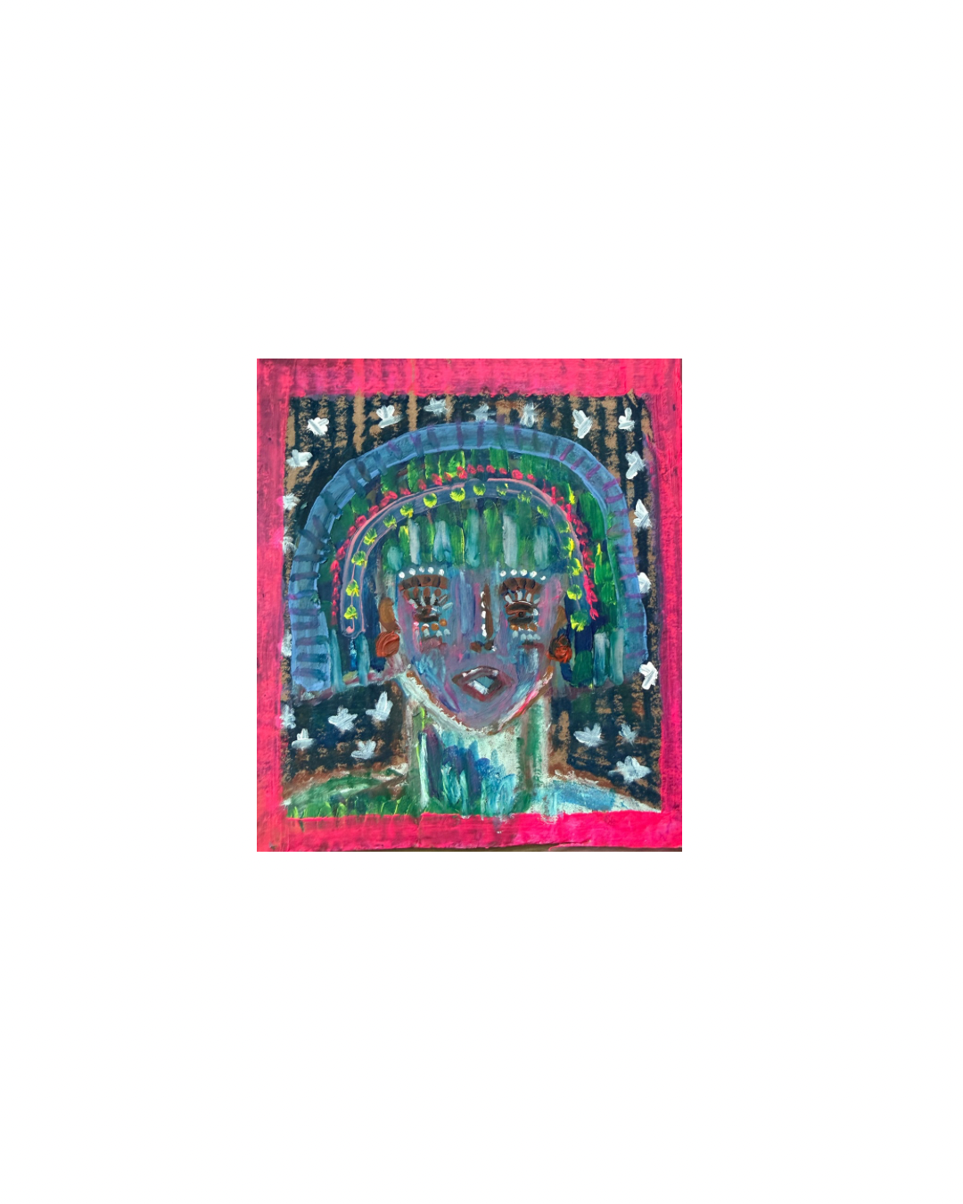 A colorful abstract painting of a person's face with blue, green, pink, and purple hues, surrounded by a black background with white star-like shapes, and a pink border.