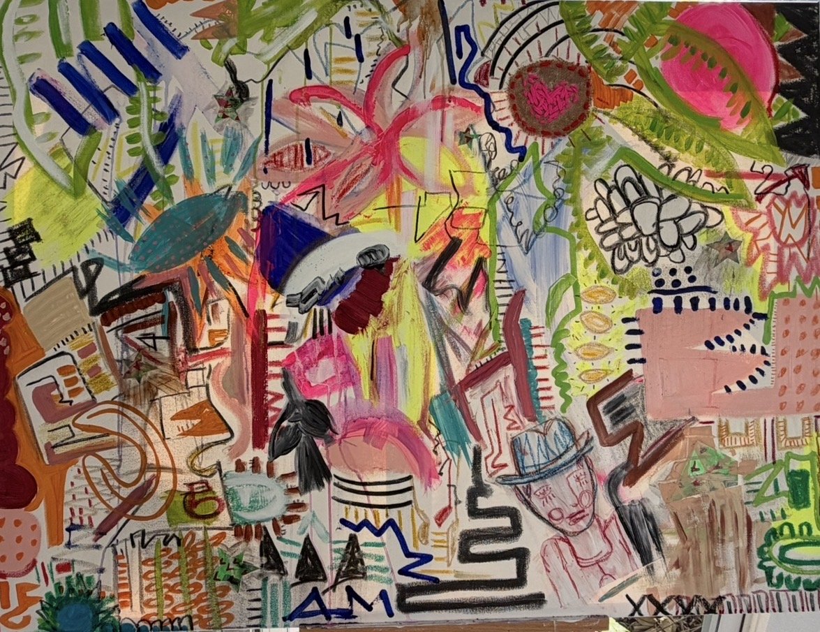 A colorful abstract drawing featuring various shapes, lines, and patterns in bright colors like pink, green, blue, yellow, and black. There are some face-like figures, a hat, and many doodle-like elements.