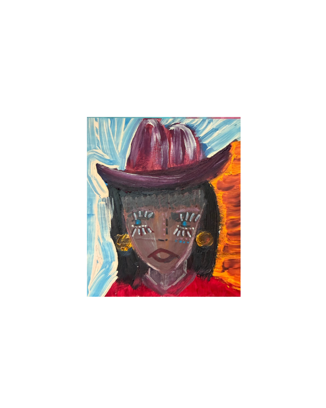 Painting of a woman with dark hair, blue eyes, gold earrings, wearing a red top, with a purple hat decorated with a red flower, and an abstract background with blue and orange strokes.